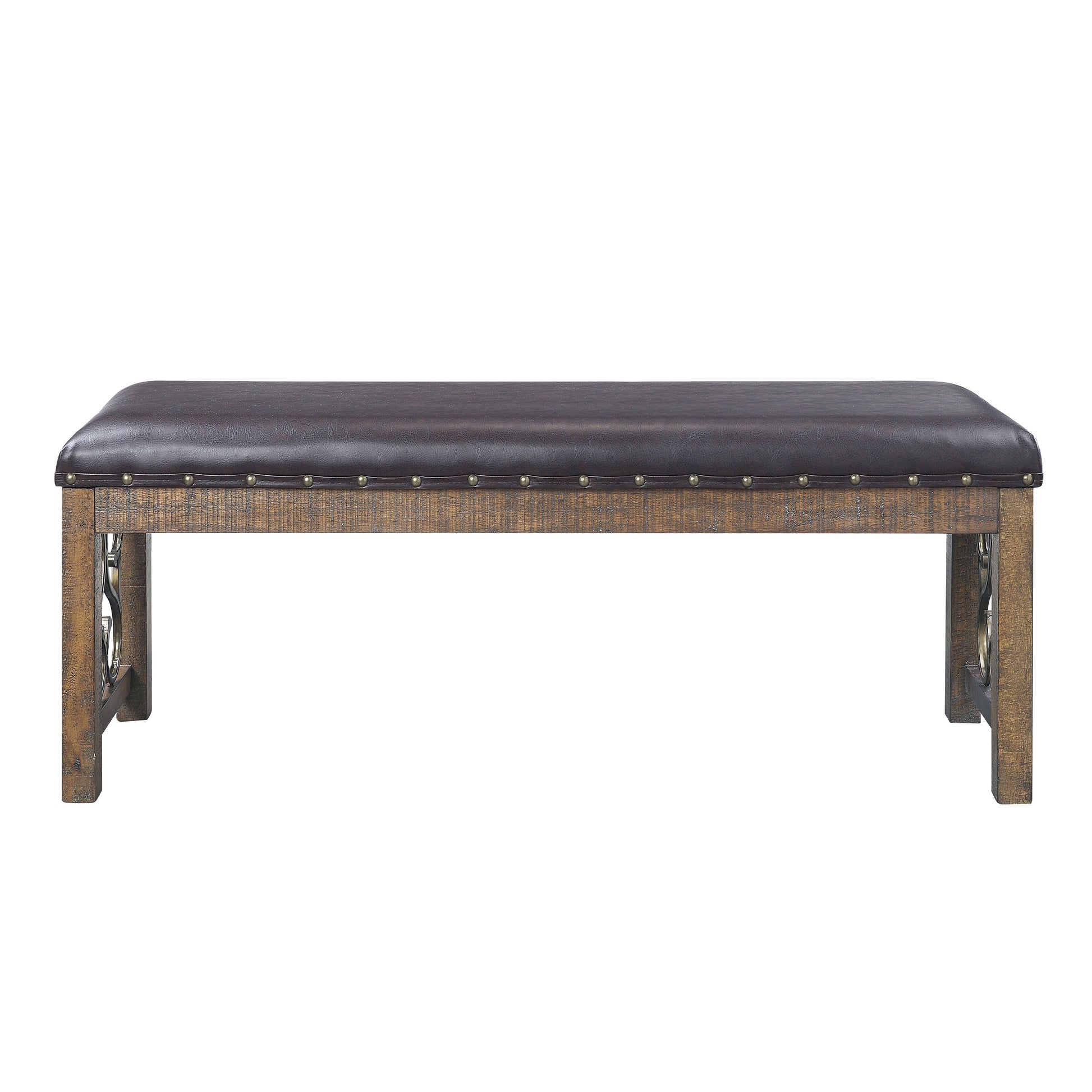 Dark brown faux leather bench with studded trim and distressed wood frame perfect for entryway