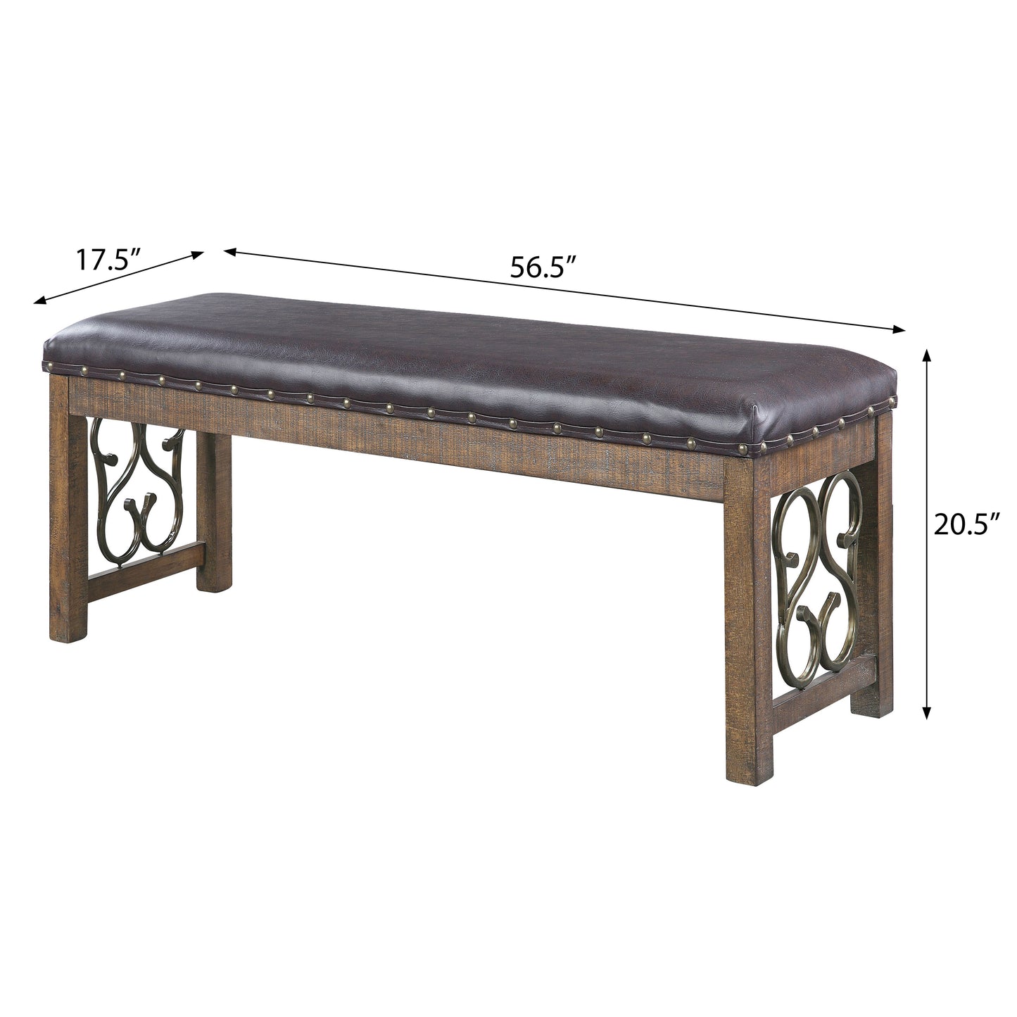 Dark brown faux leather bench with distressed wood frame and ornate metal accents