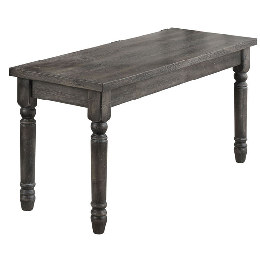 Dark gray rustic wood bench with turned legs perfect for entryways