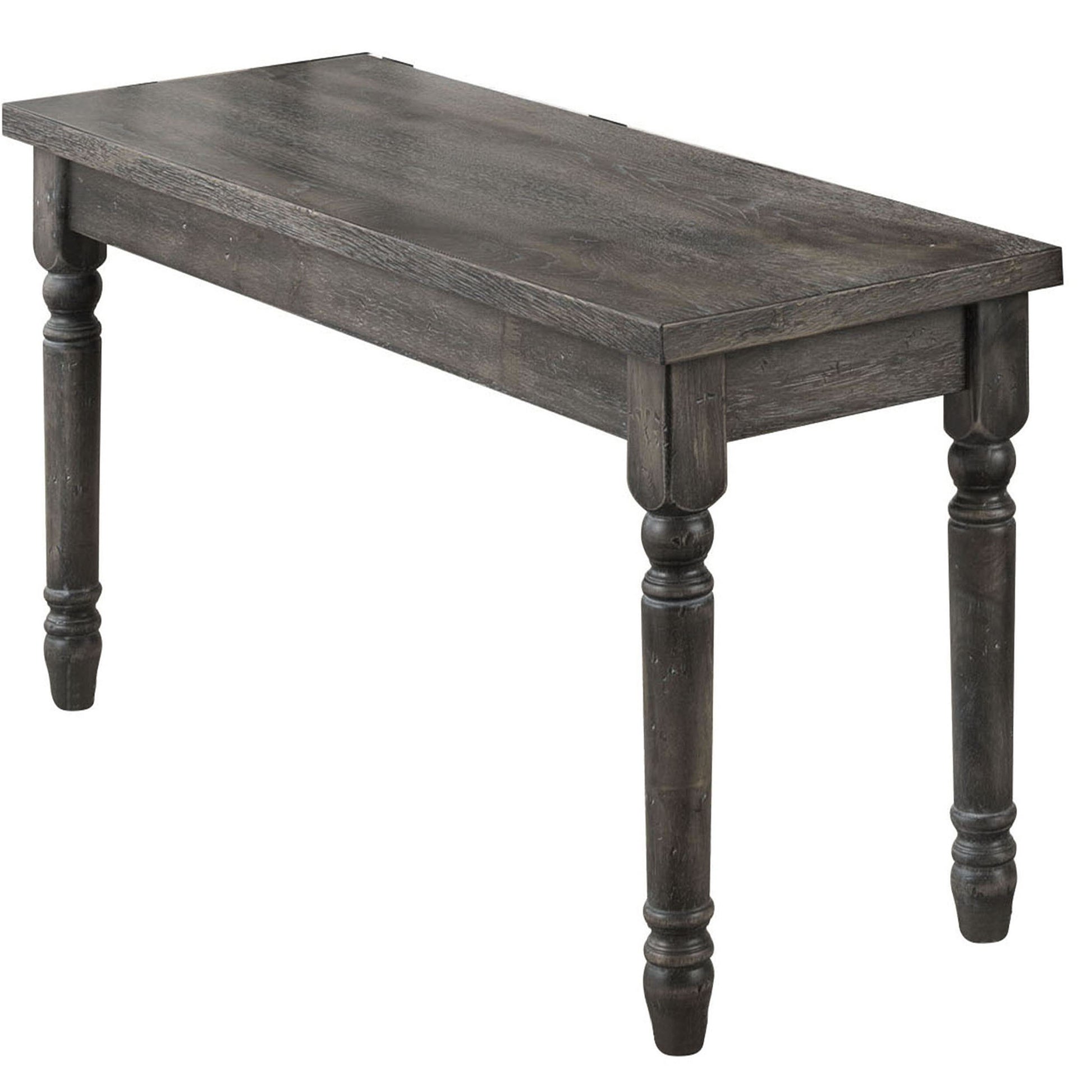 Dark gray wooden dining bench with turned legs and a rustic finish