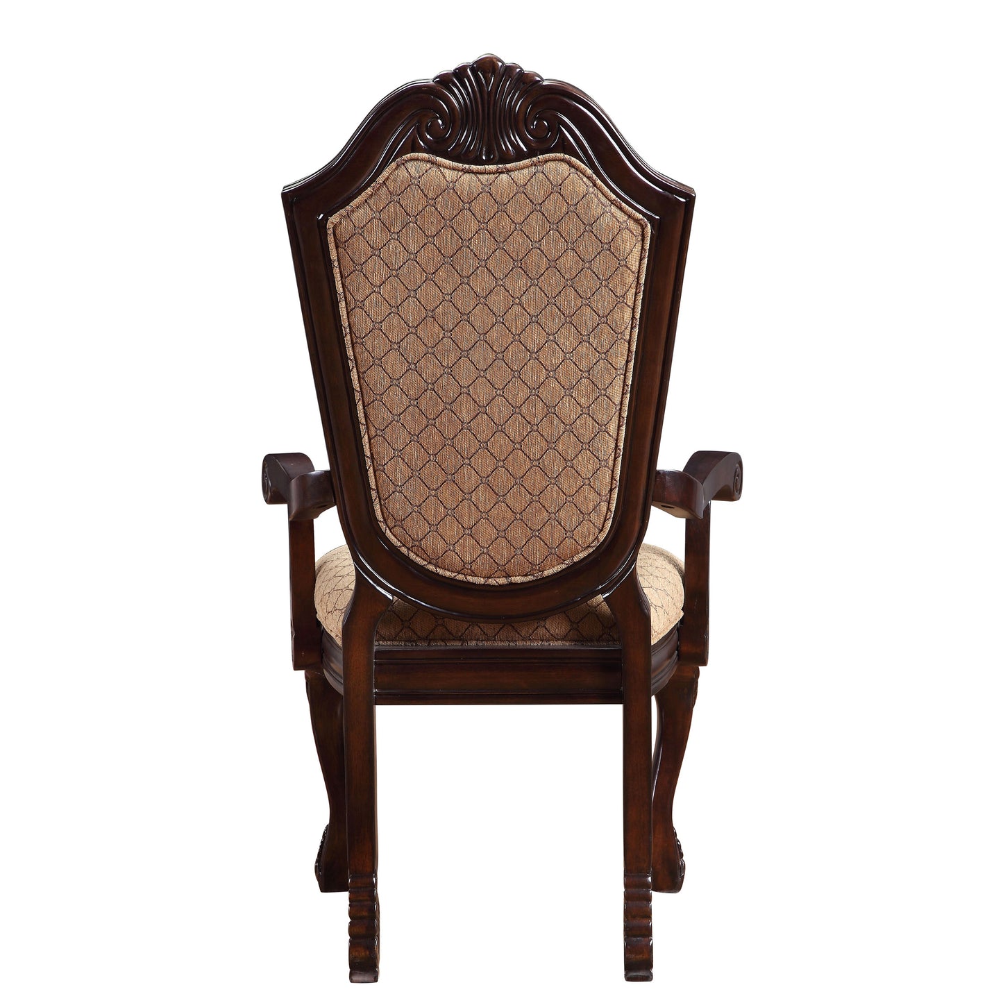 Ornate dark wood armchair with diamondpatterned fabric upholstery