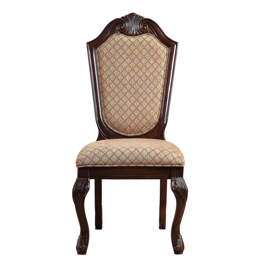 Ornate dark wood accent chair with beige diamond patterned upholstery and carved legs
