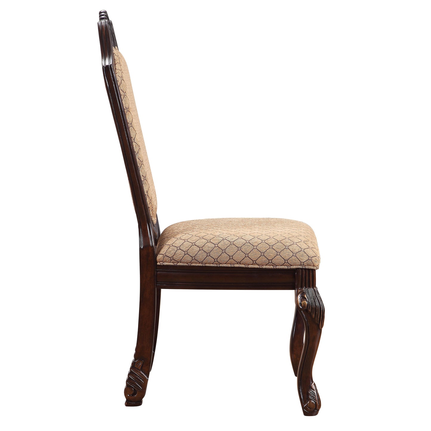Ornate mahogany dining chair with textured beige seat and carved wooden legs