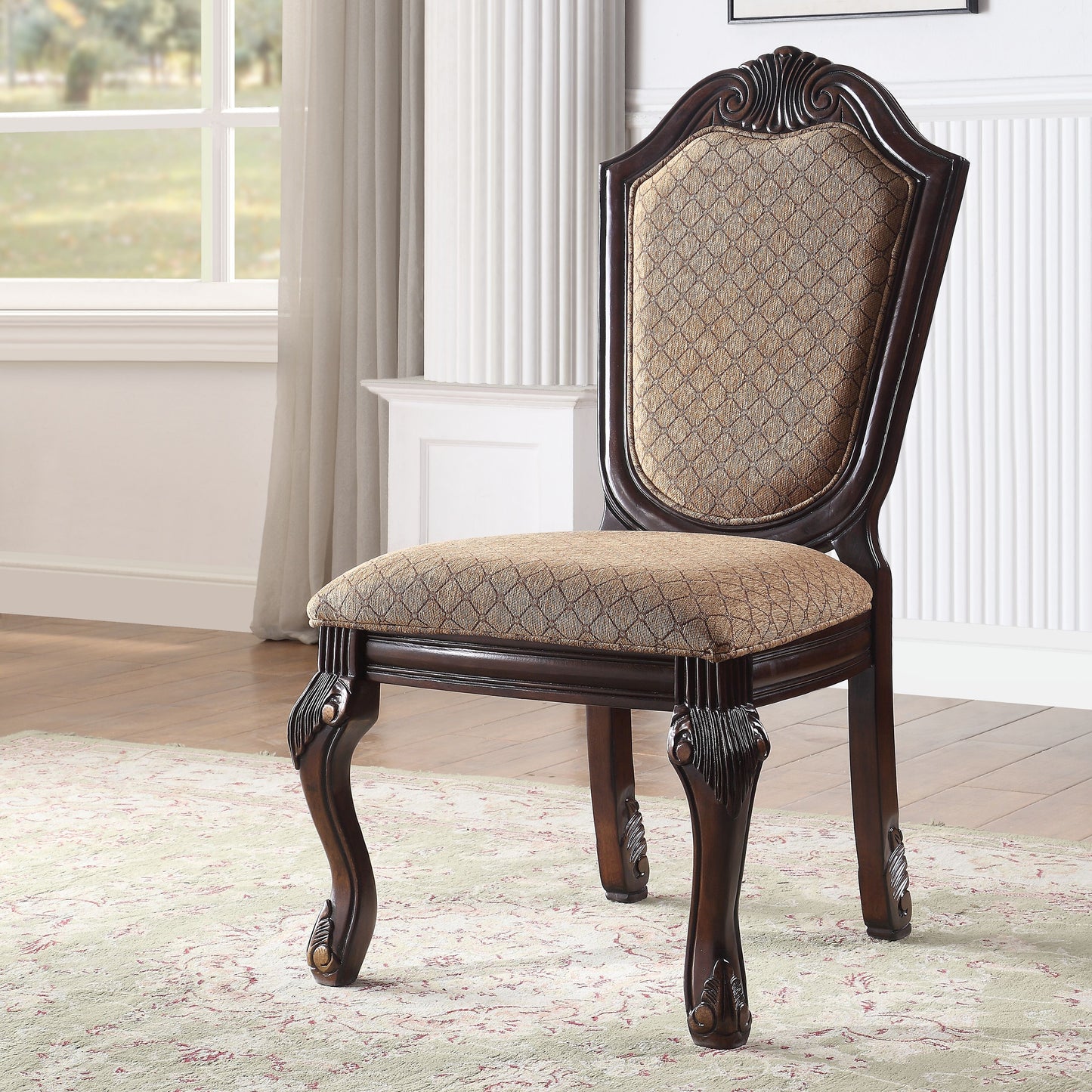 Elegant dark wood dining chair with patterned upholstered seat and back Dining Chair