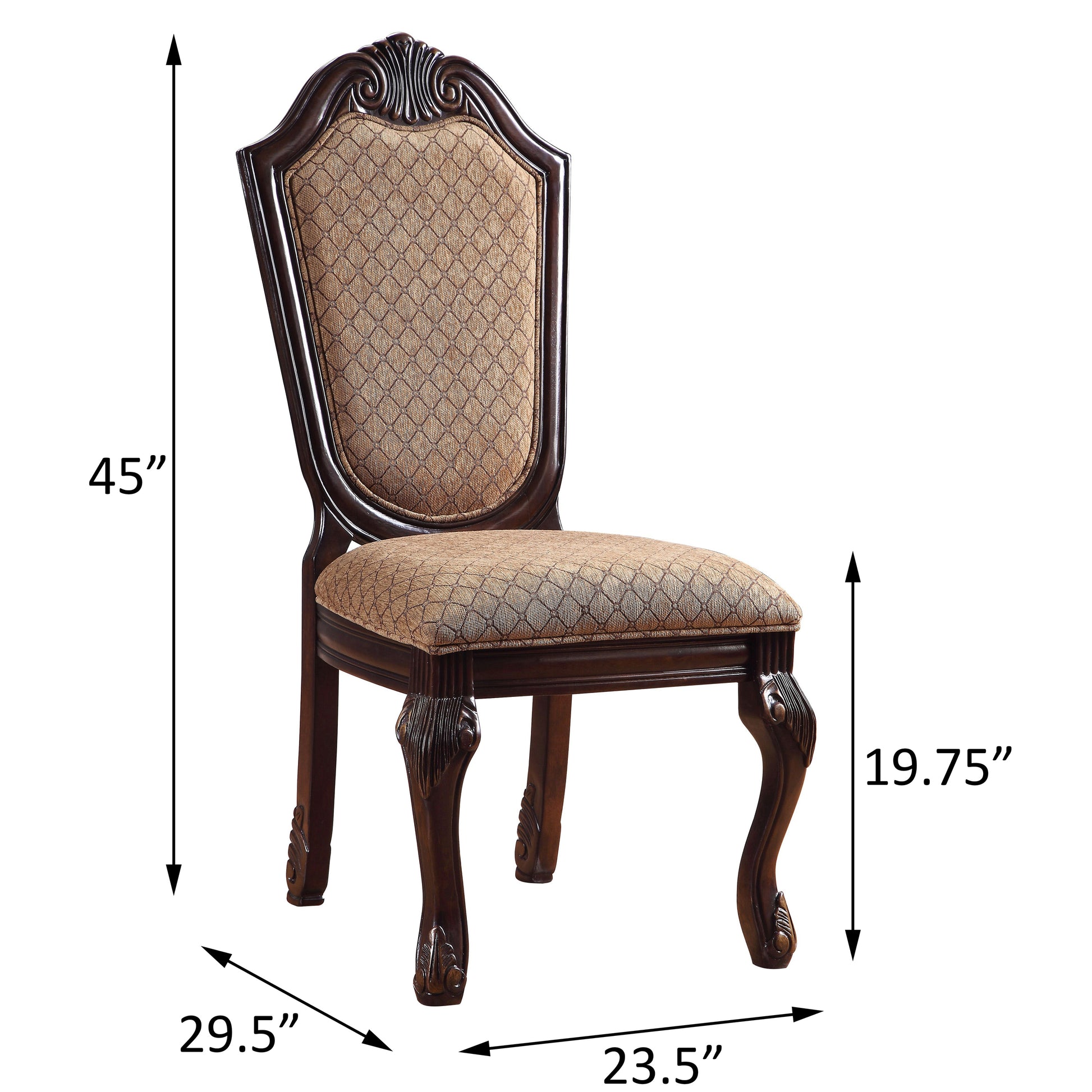 Ornate dark wood dining chair with patterned beige upholstered seat and back