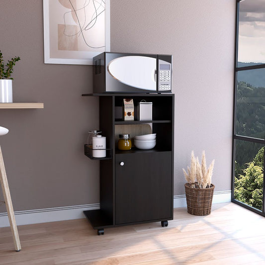 Black kitchen cart with microwave and storage
