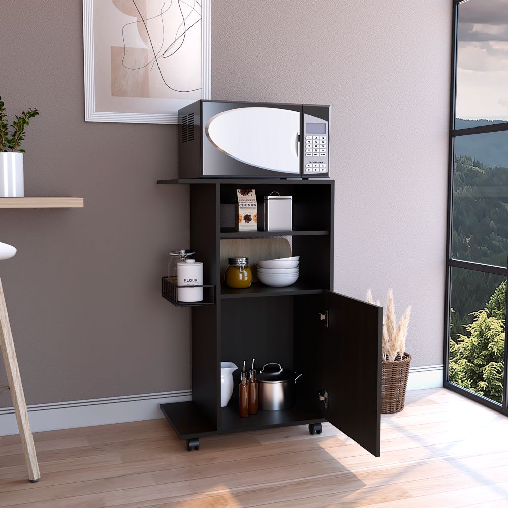 Black kitchen cart with microwave and storage shelves