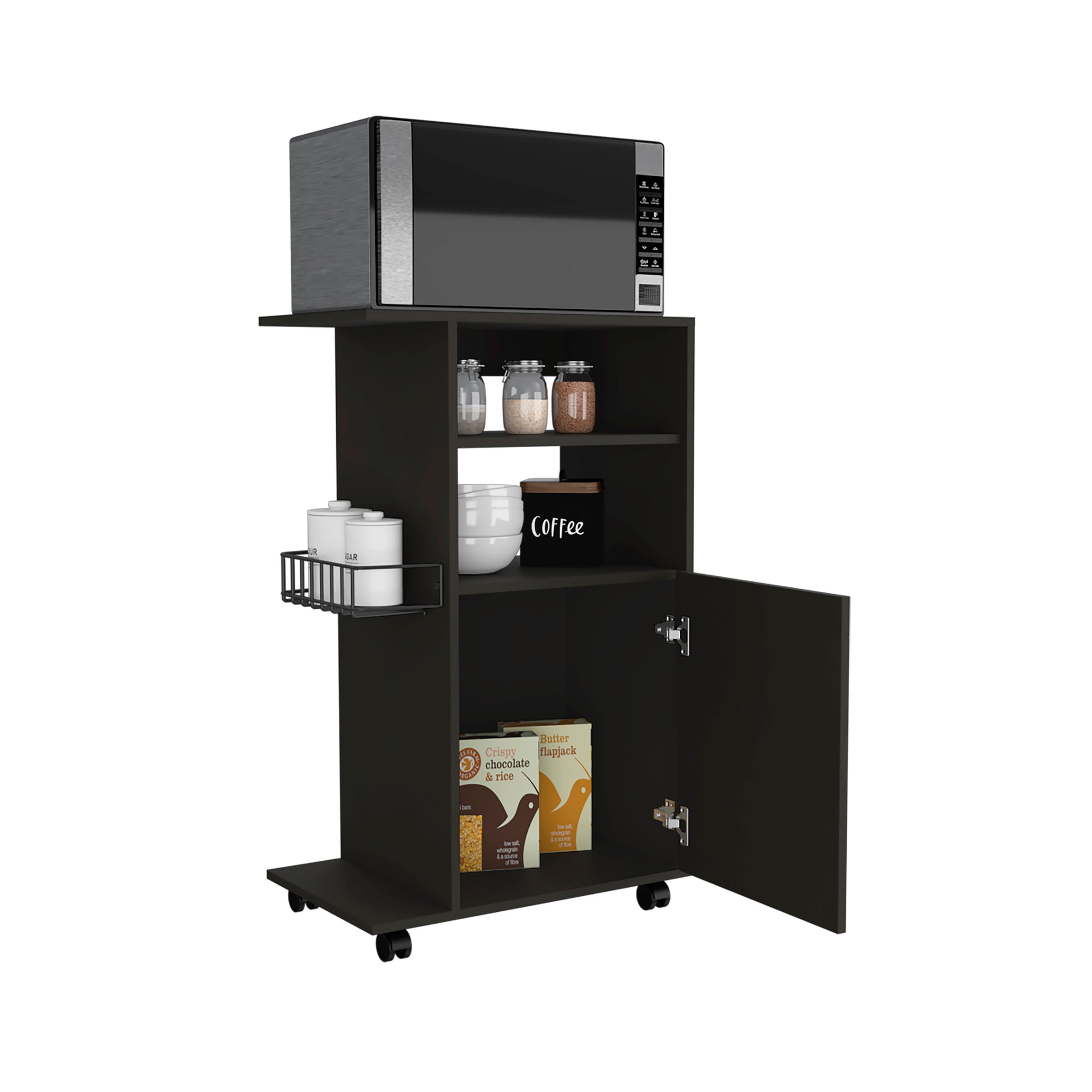 Compact dark brown kitchen cart with microwave shelf storage compartments and wheels
