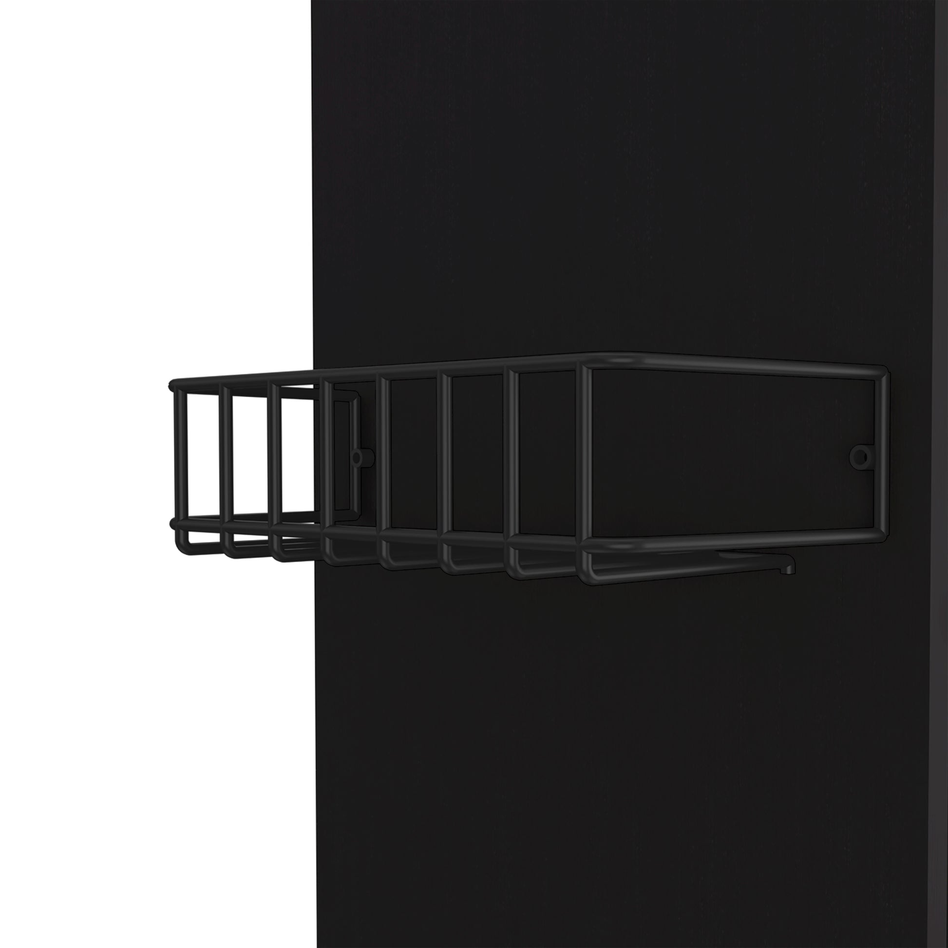 Black metal wallmounted shelf with wire cage design