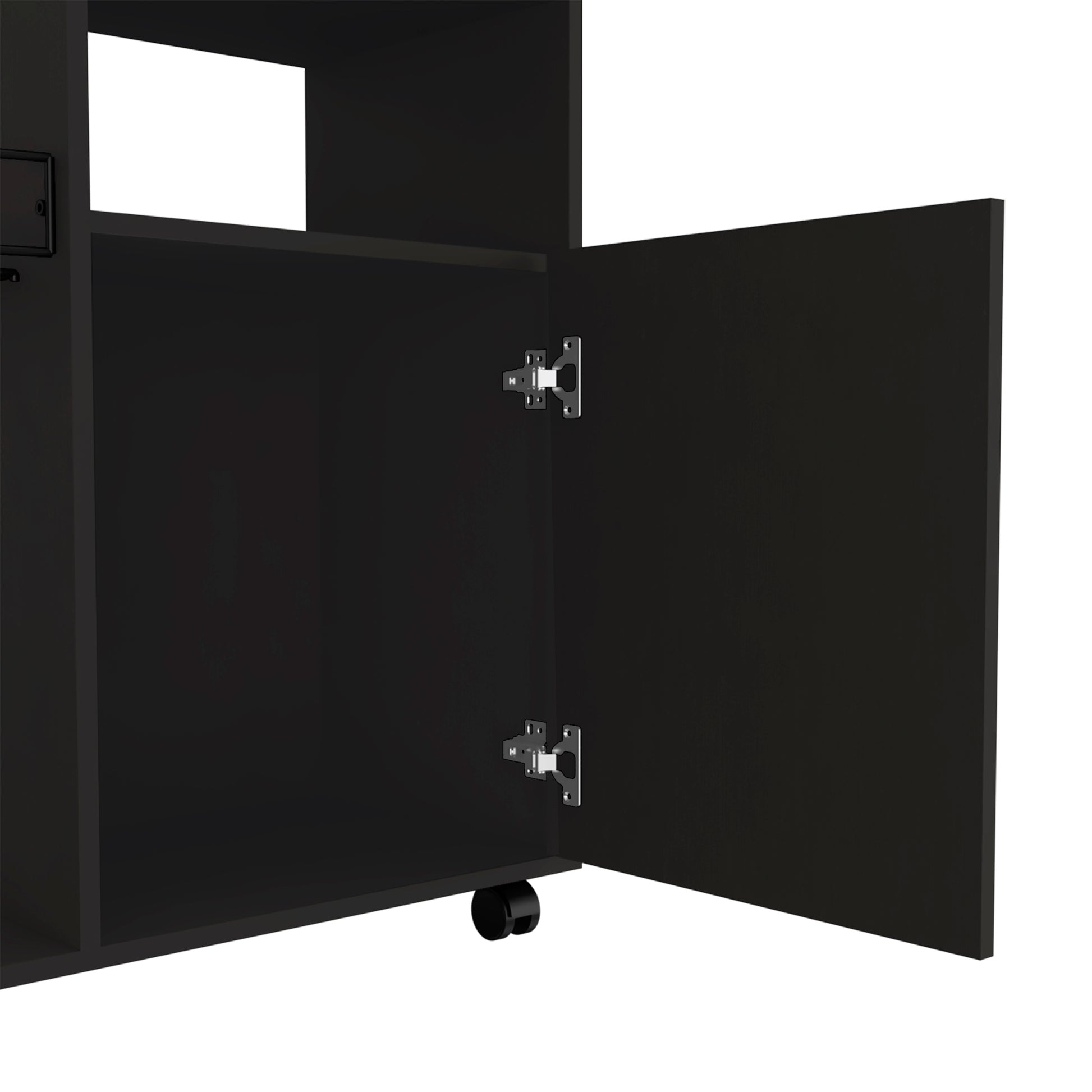 Black rolling cabinet with open door and silver hinge detail