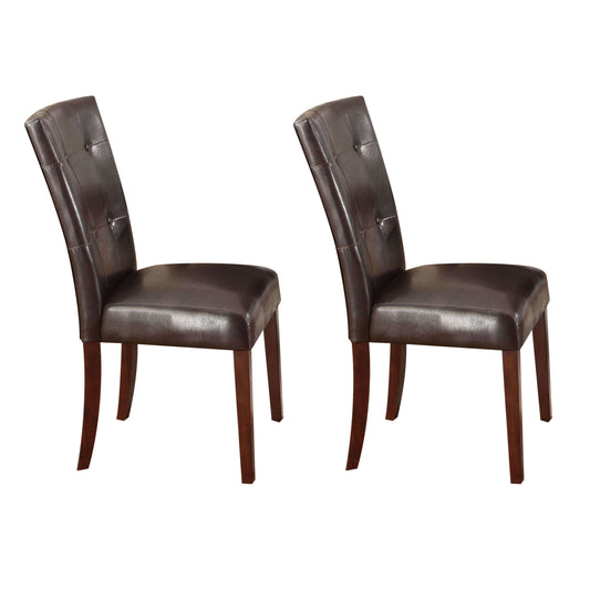 Two tufted dark brown leather dining chairs with wooden legs elegant and modern design
