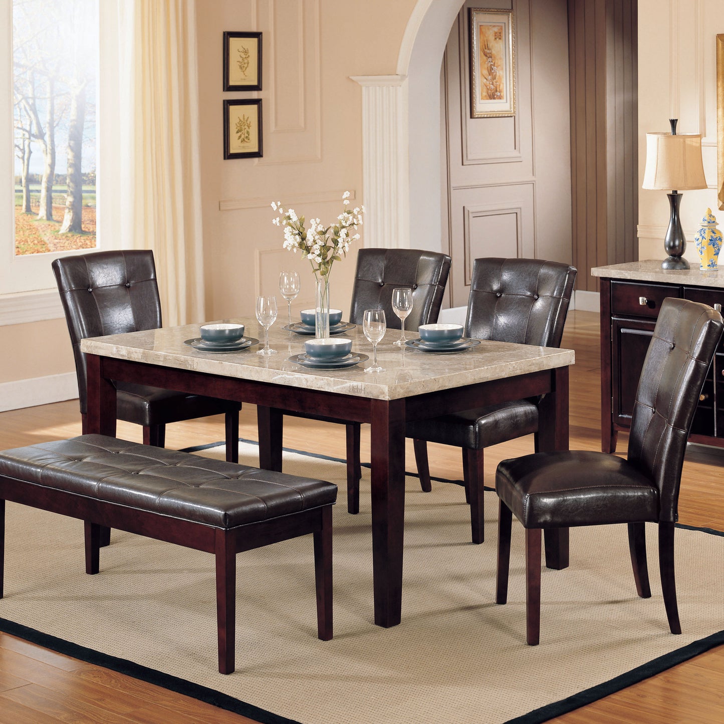 Dark brown faux leather tufted dining chairs with rich wood legs set