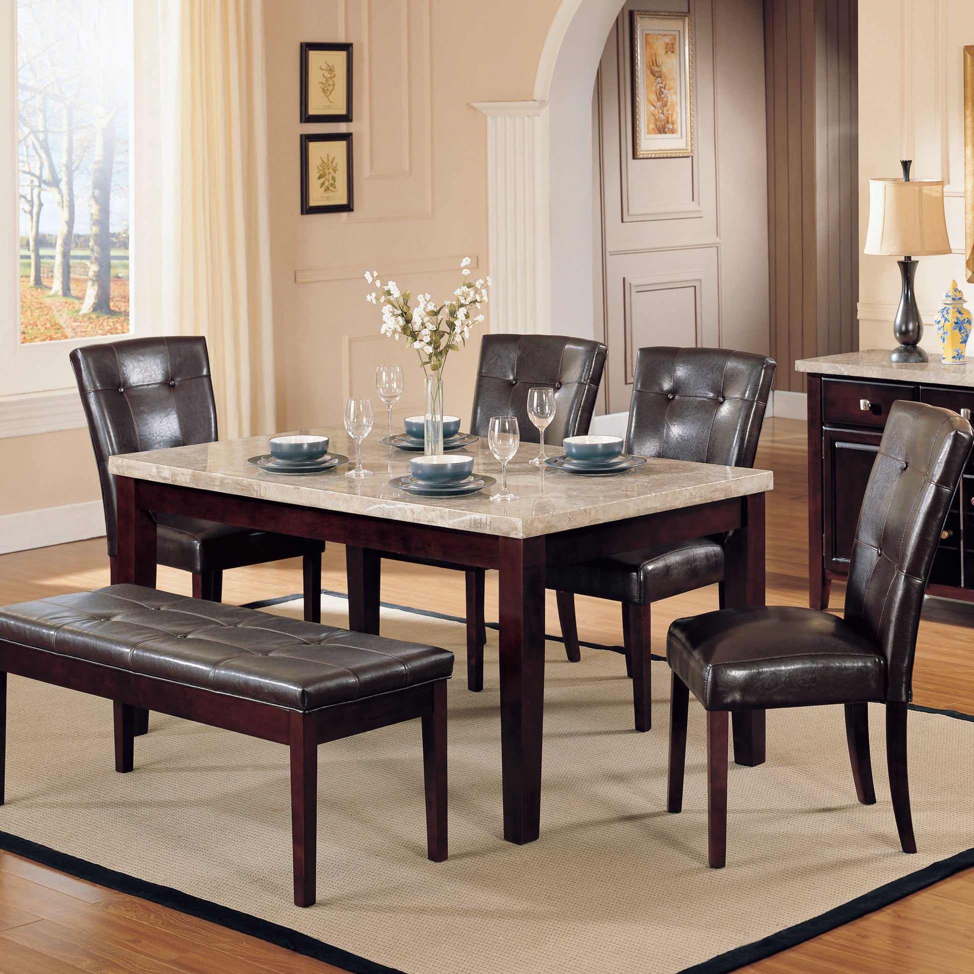 Dark brown faux leather tufted dining chairs with rich wood legs set