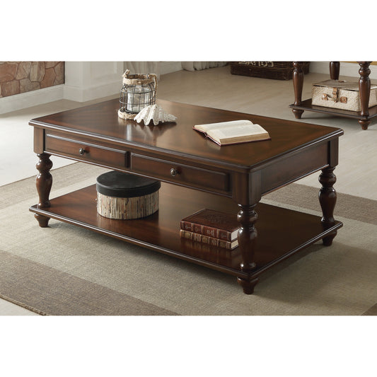 Rich mahogany wood coffee table with turned legs and two drawers perfect for living rooms