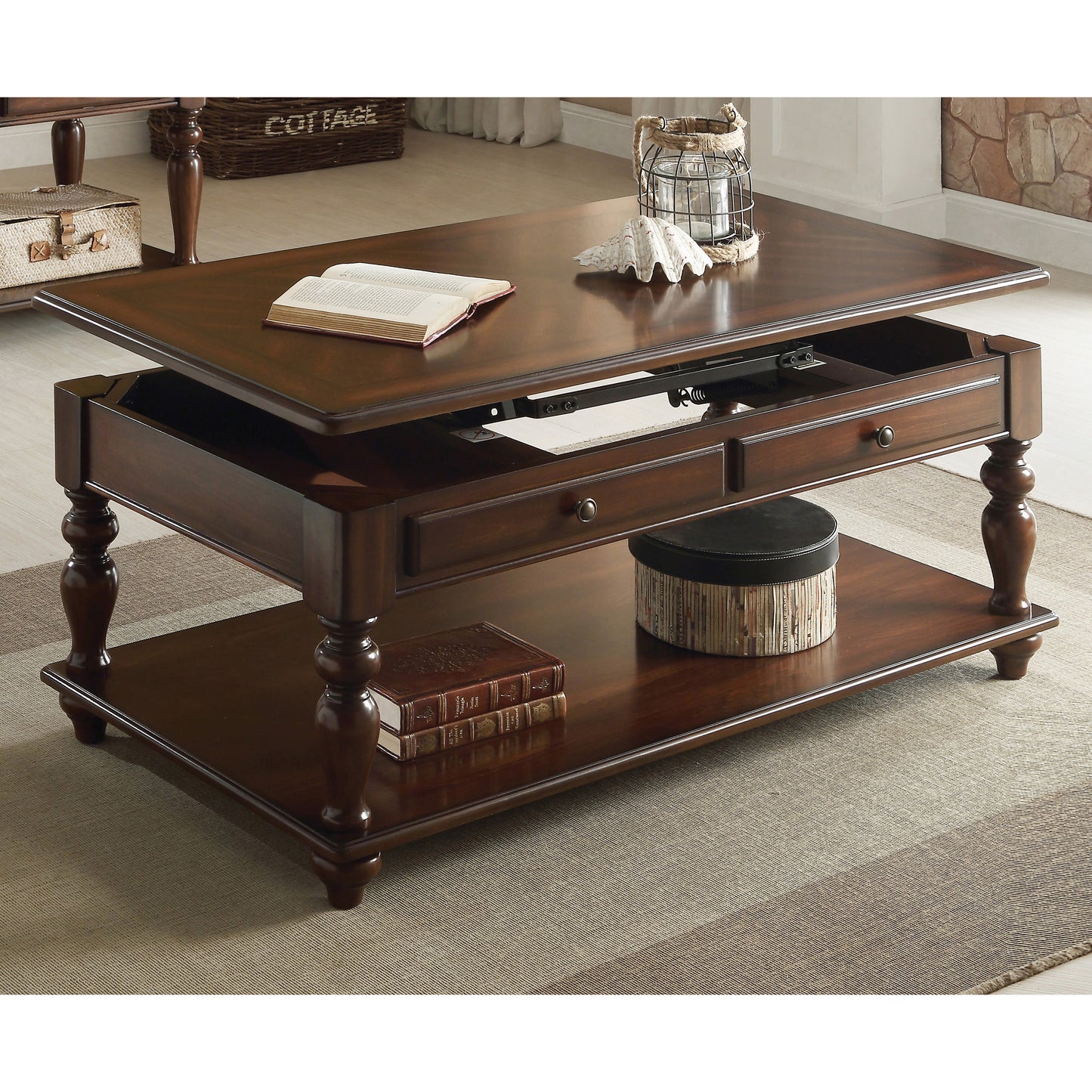 Dark wood lifttop coffee table with two drawers and a lower shelf featuring ornate turned legs
