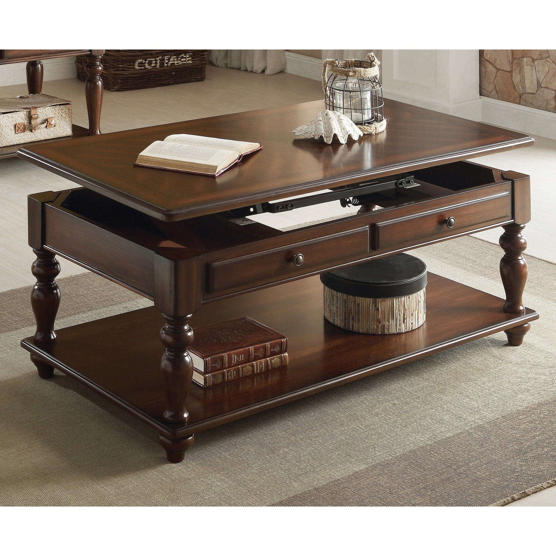 Dark wood lifttop coffee table with two drawers and a lower shelf featuring ornate turned legs