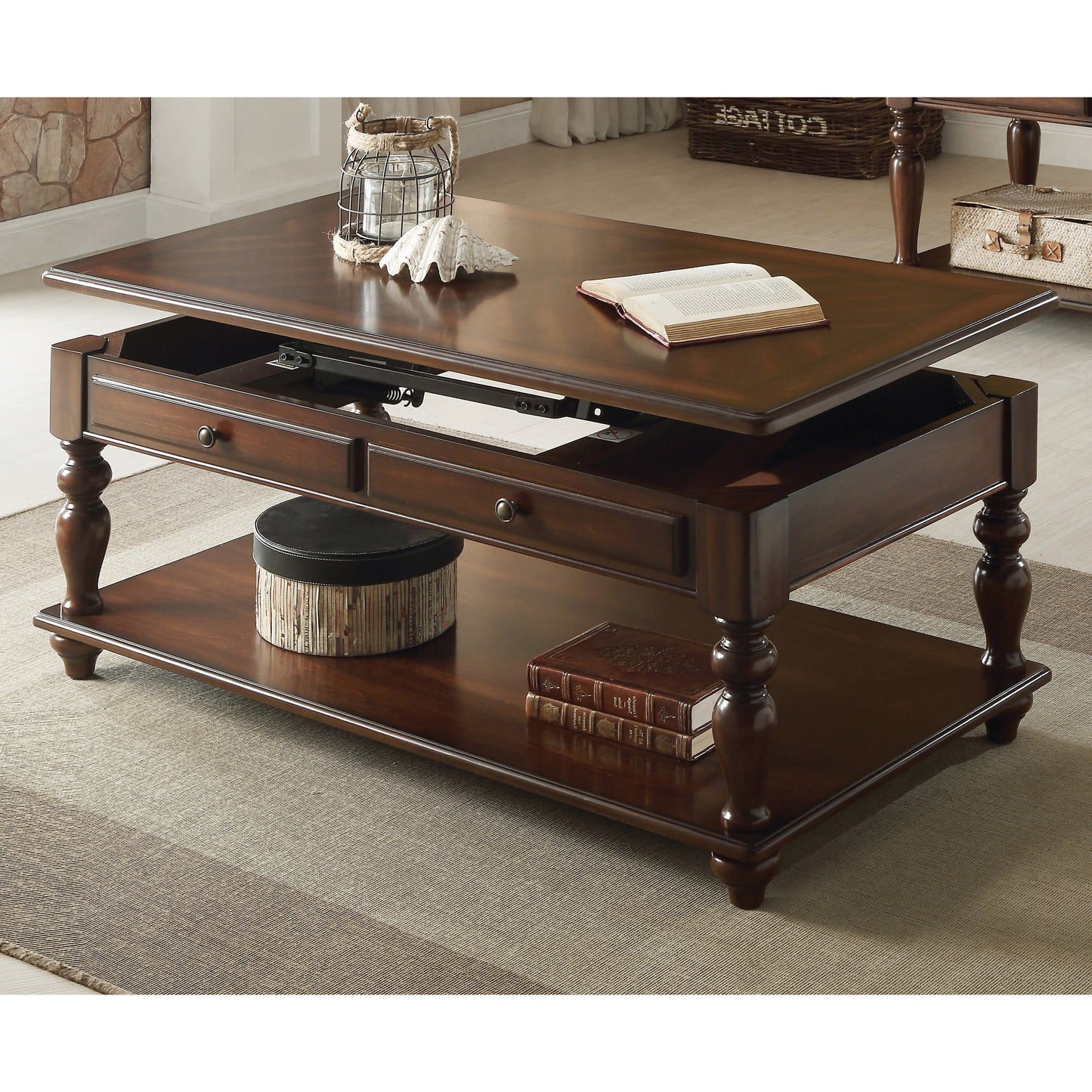 Dark mahogany lifttop coffee table with storage and ornate turned legs