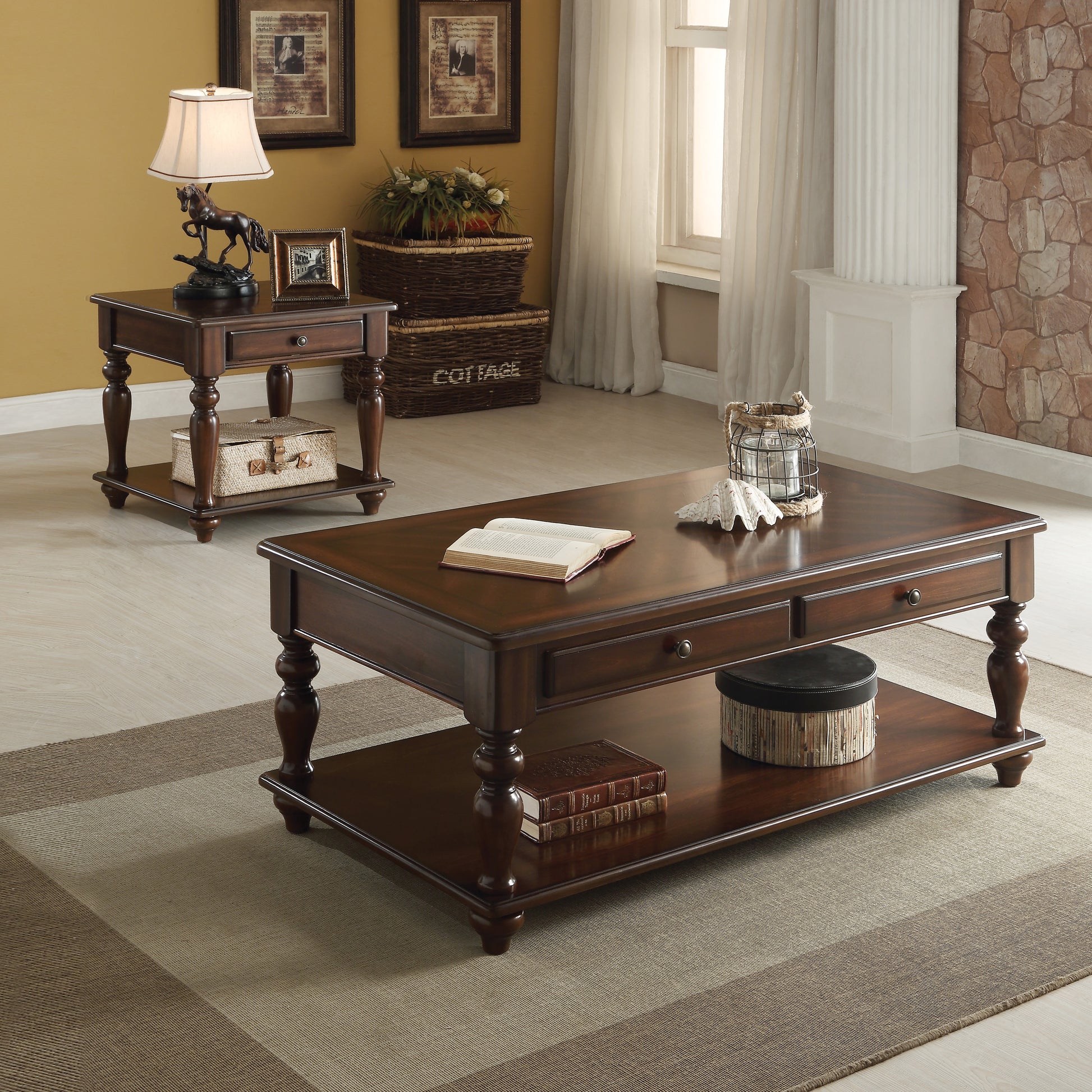 Dark mahogany coffee table with two drawers shelf and decorative turned legs