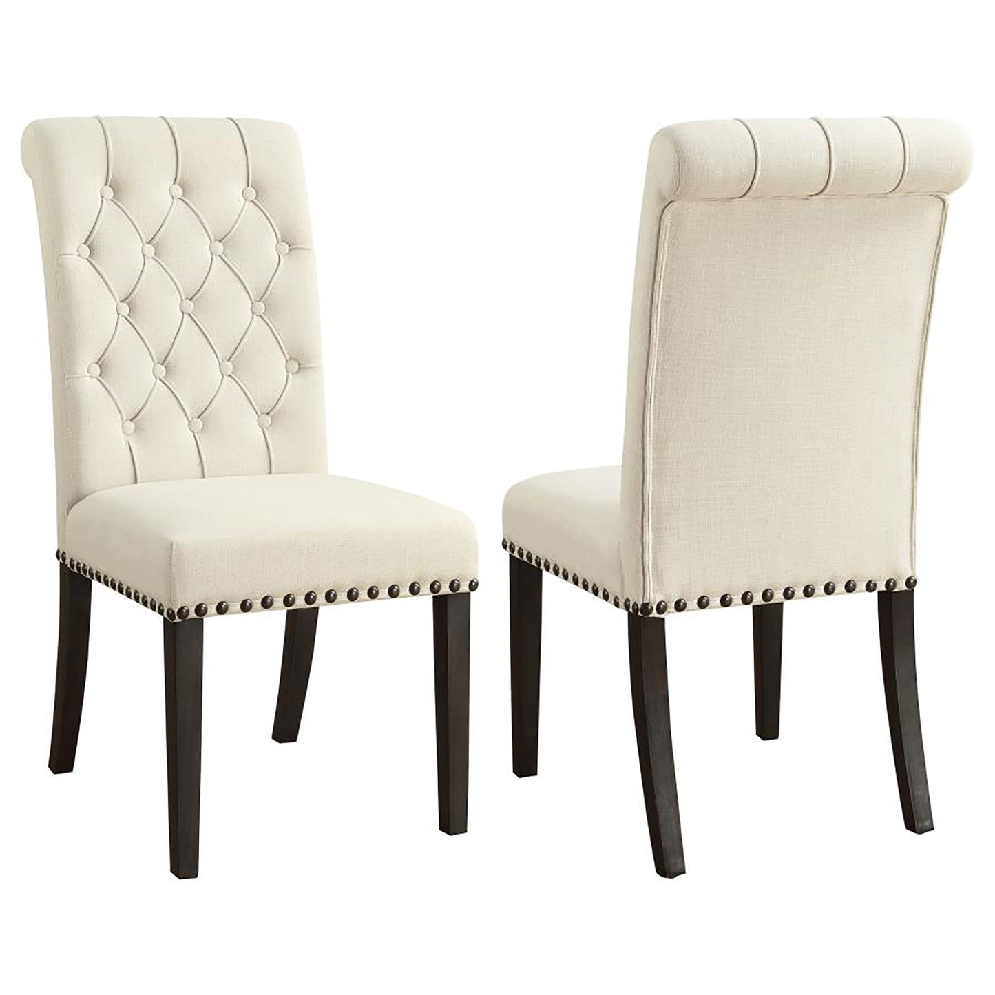 Cream upholstered dining chair with diamond tufting and nailhead trim