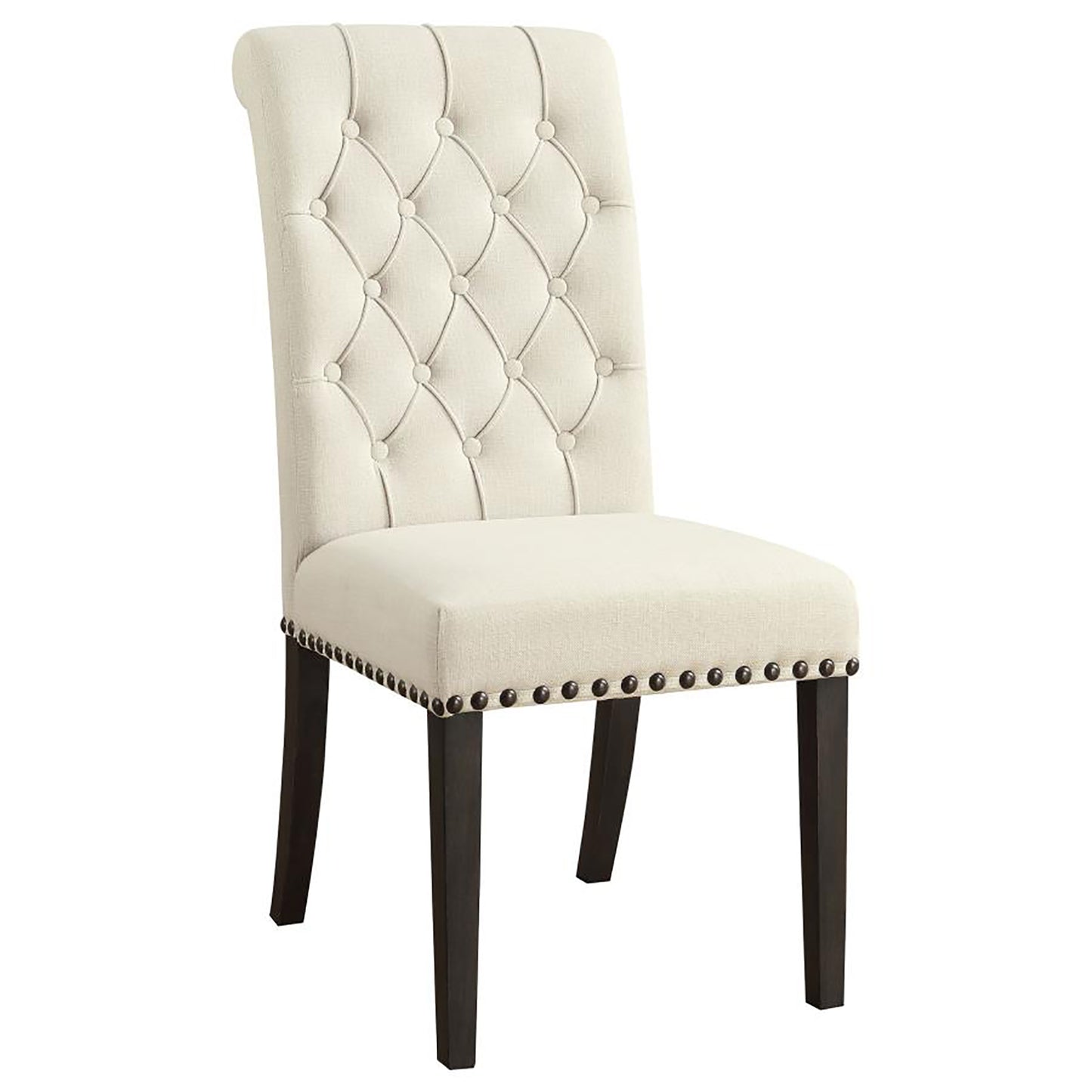 Cream fabric dining chair with diamond tufted back and nailhead trim