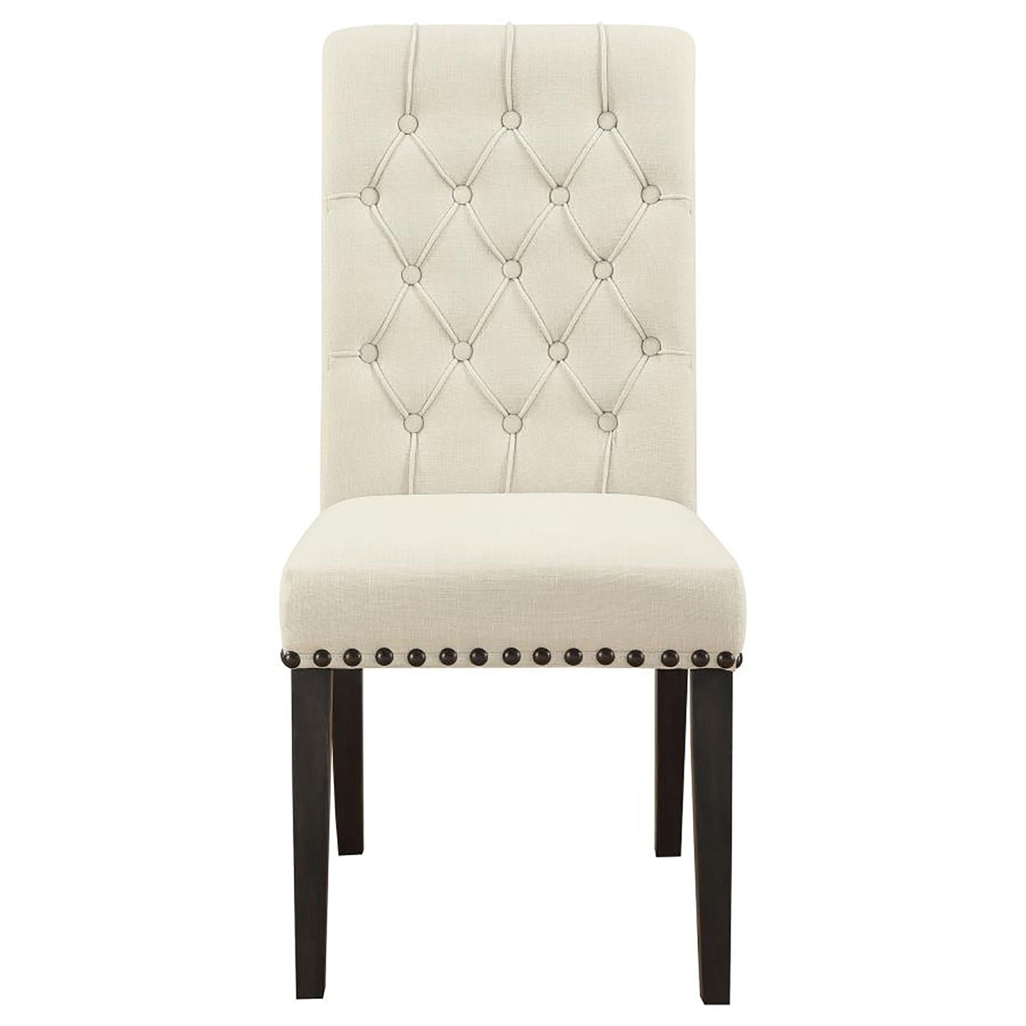 Tufted beige linen dining chair with nailhead trim and dark wood legs