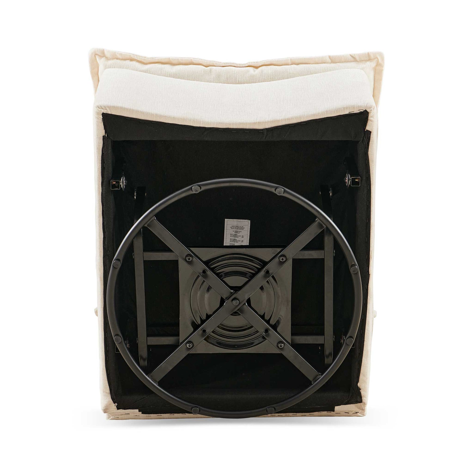 Cream upholstered stool base with black metal swivel mechanism and support frame