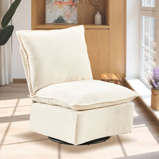 Plush cream swivel accent chair with soft linen upholstery and comfortable back cushion
