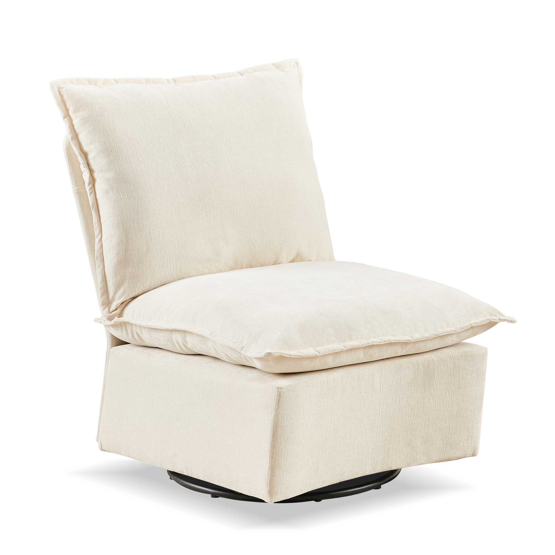 Cream upholstered swivel accent chair with plush cushions and a square base