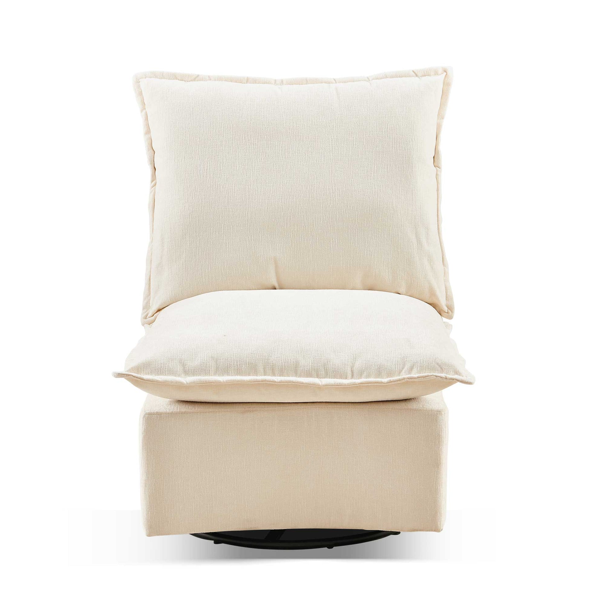 Cream fabric swivel chair with plush back and seat cushions