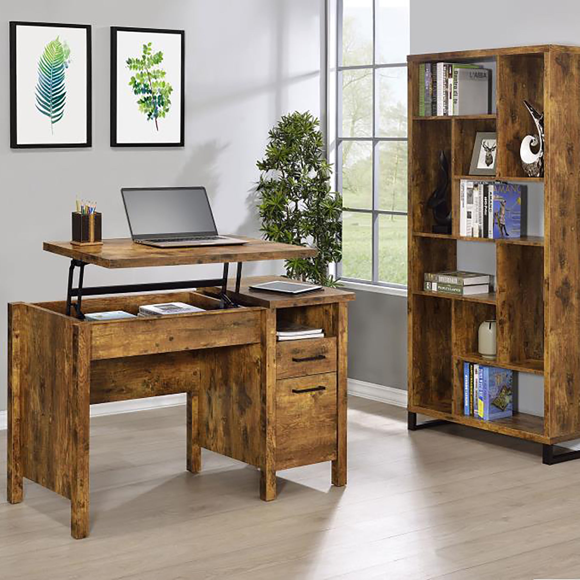 Rustic wooden lifttop desk with laptop and storage drawers