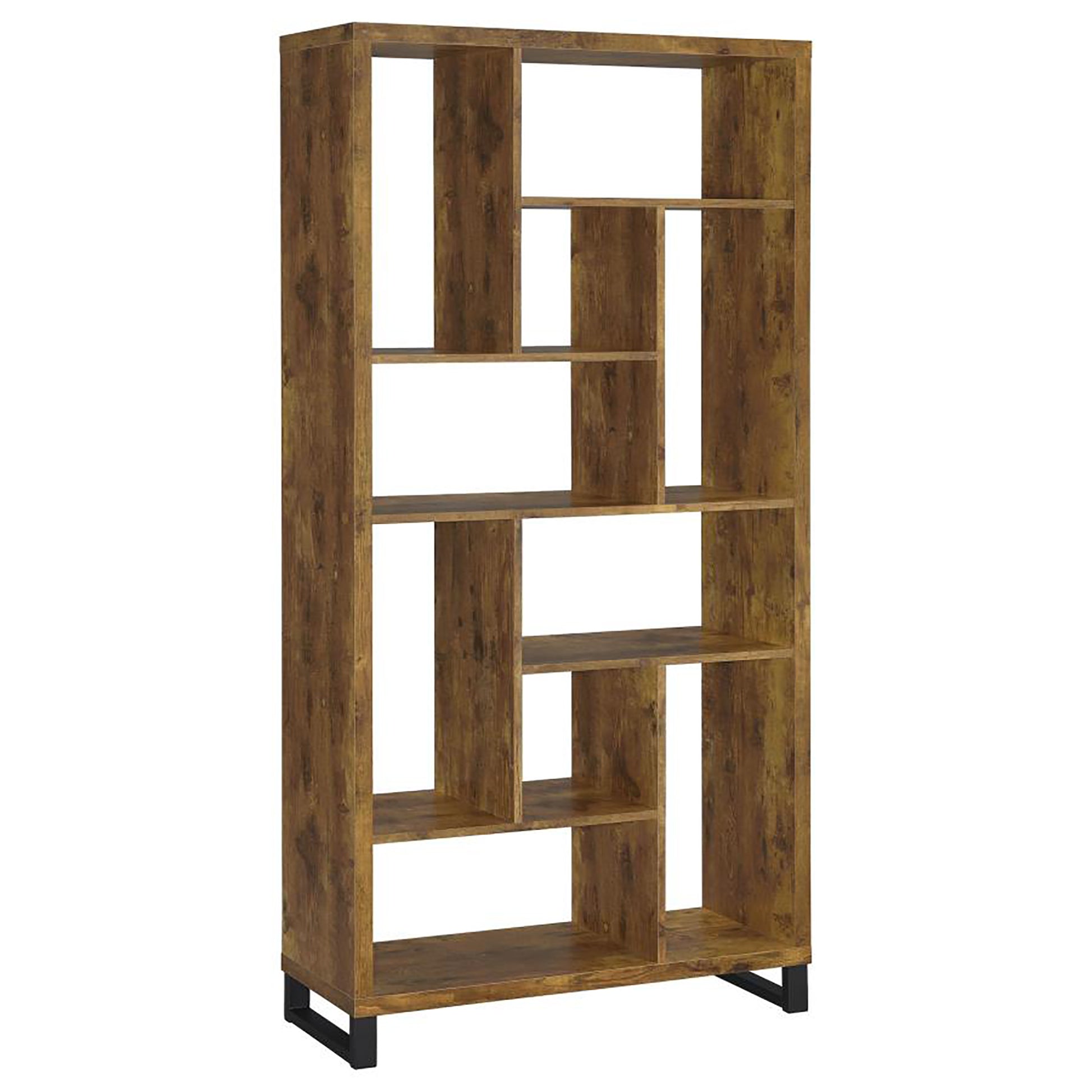 Rustic brown bookshelf with asymmetrical shelves and black metal legs