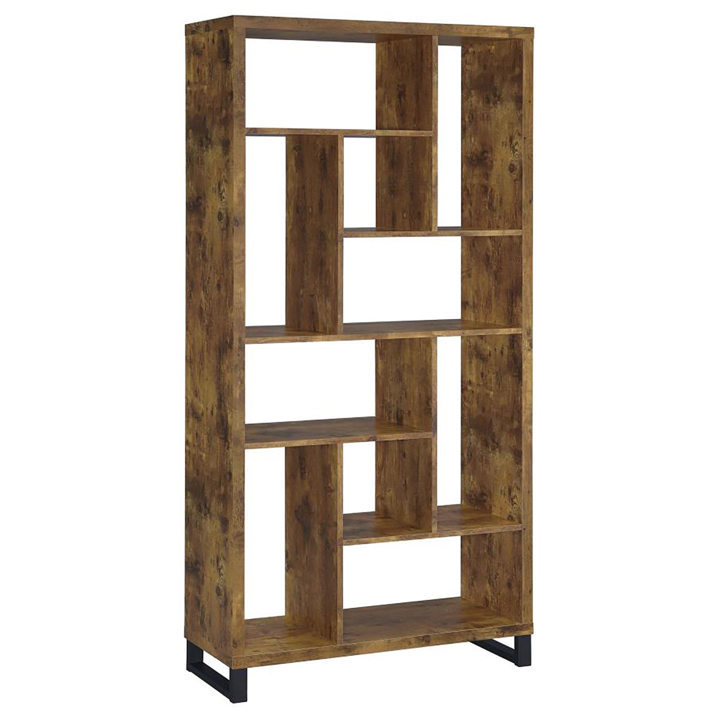 Rustic brown wood bookshelf with asymmetric shelving and black metal legs