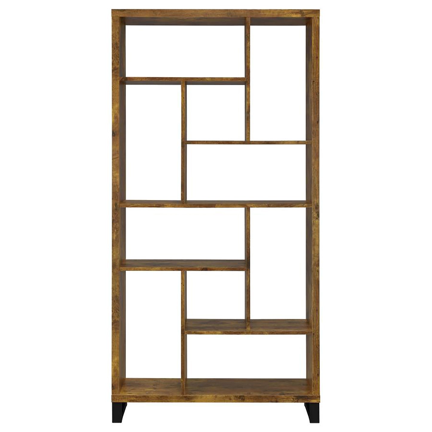 Rustic brown geometric bookshelf with open shelving units for stylish home decor