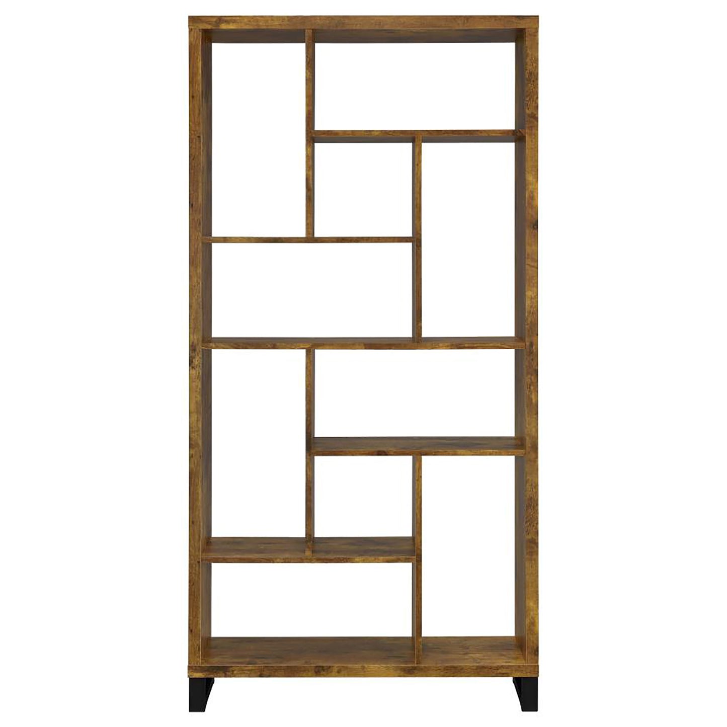Open geometric wood bookshelf with rustic finish and black legs for modern living rooms