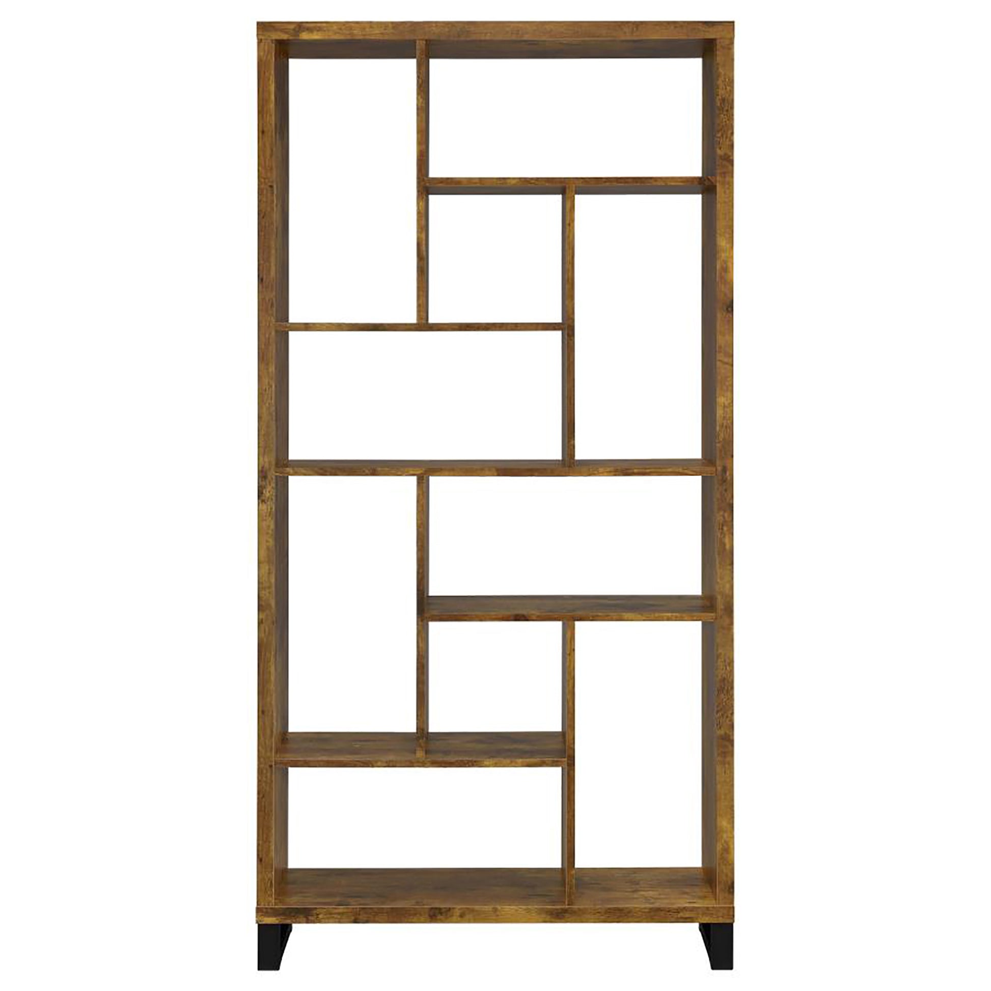 Open geometric wood bookshelf with rustic finish and black legs for modern living rooms