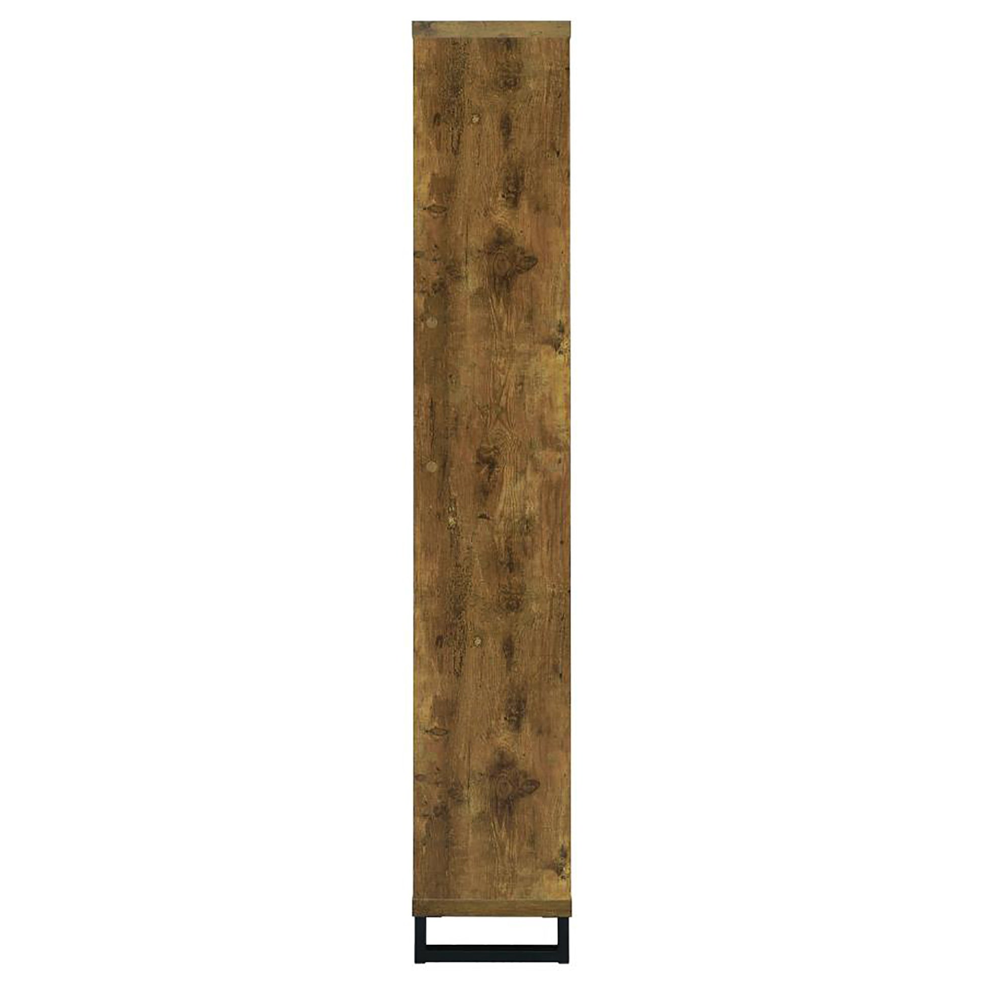 Rustic wood shelf unit with distressed finish and black metal frame