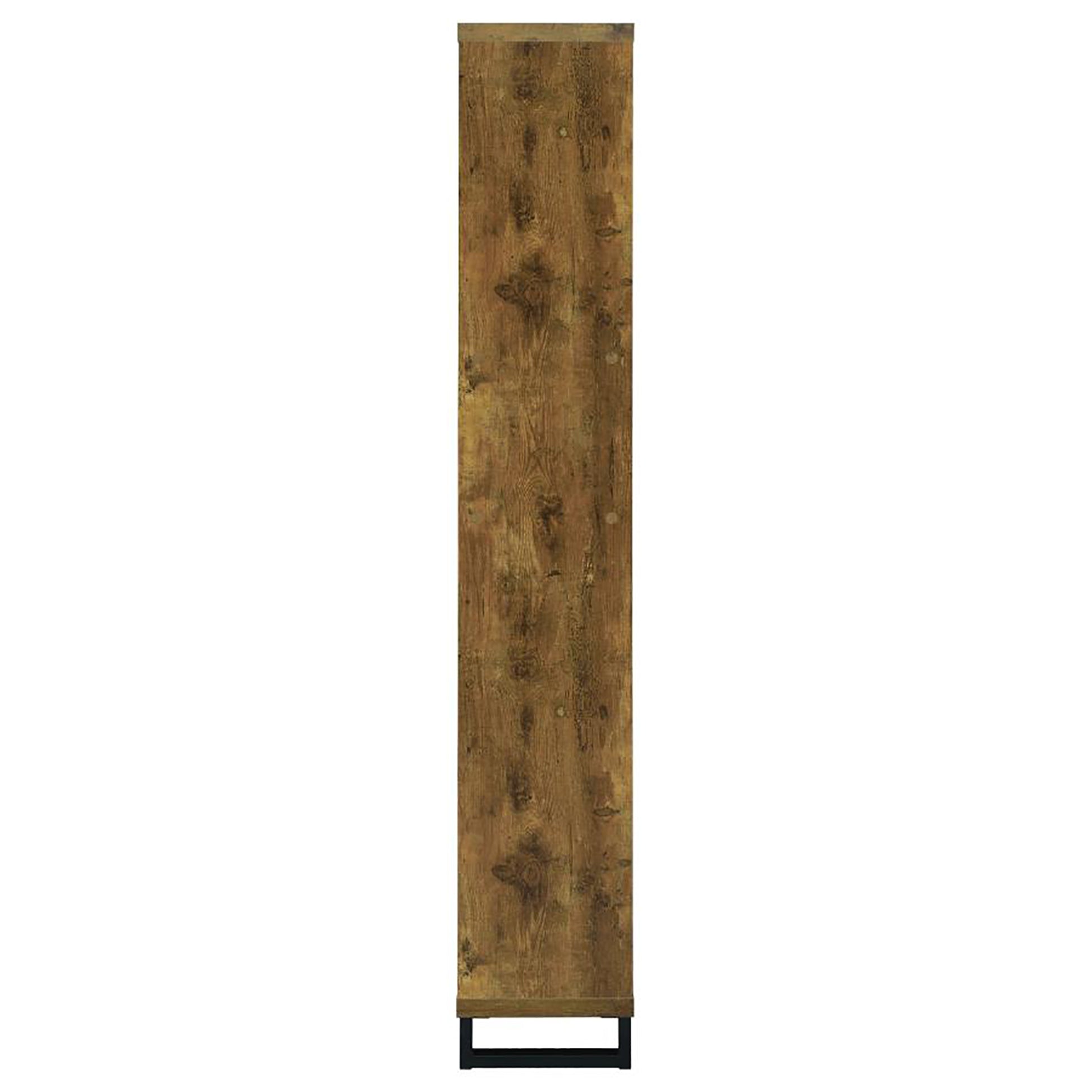 Tall rustic brown wood veneer bookshelf with black metal legs and a narrow profile