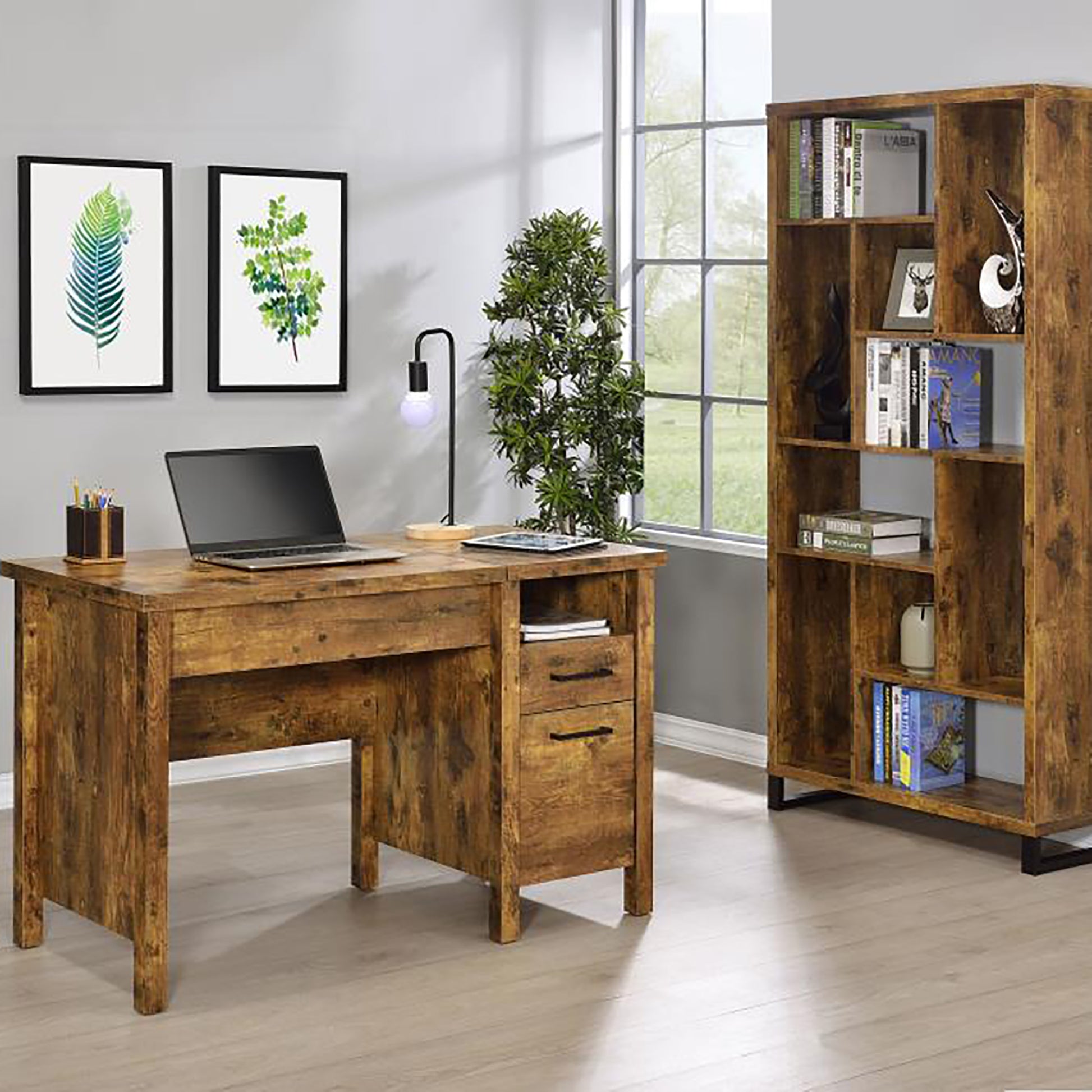 Rustic oak writing desk with laptop and drawers for home office