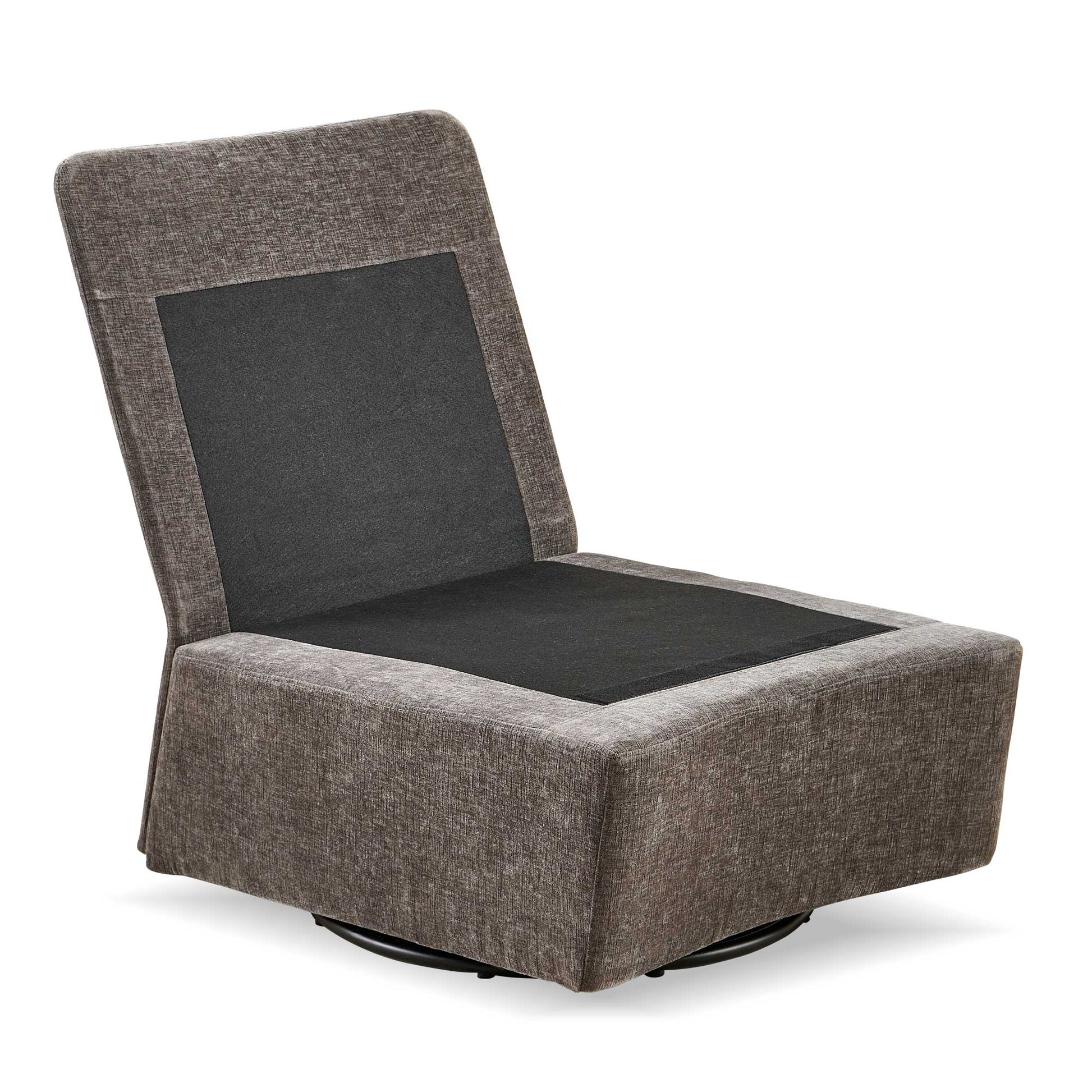 Contemporary upholstered accent chair in charcoal grey fabric with a swivel base