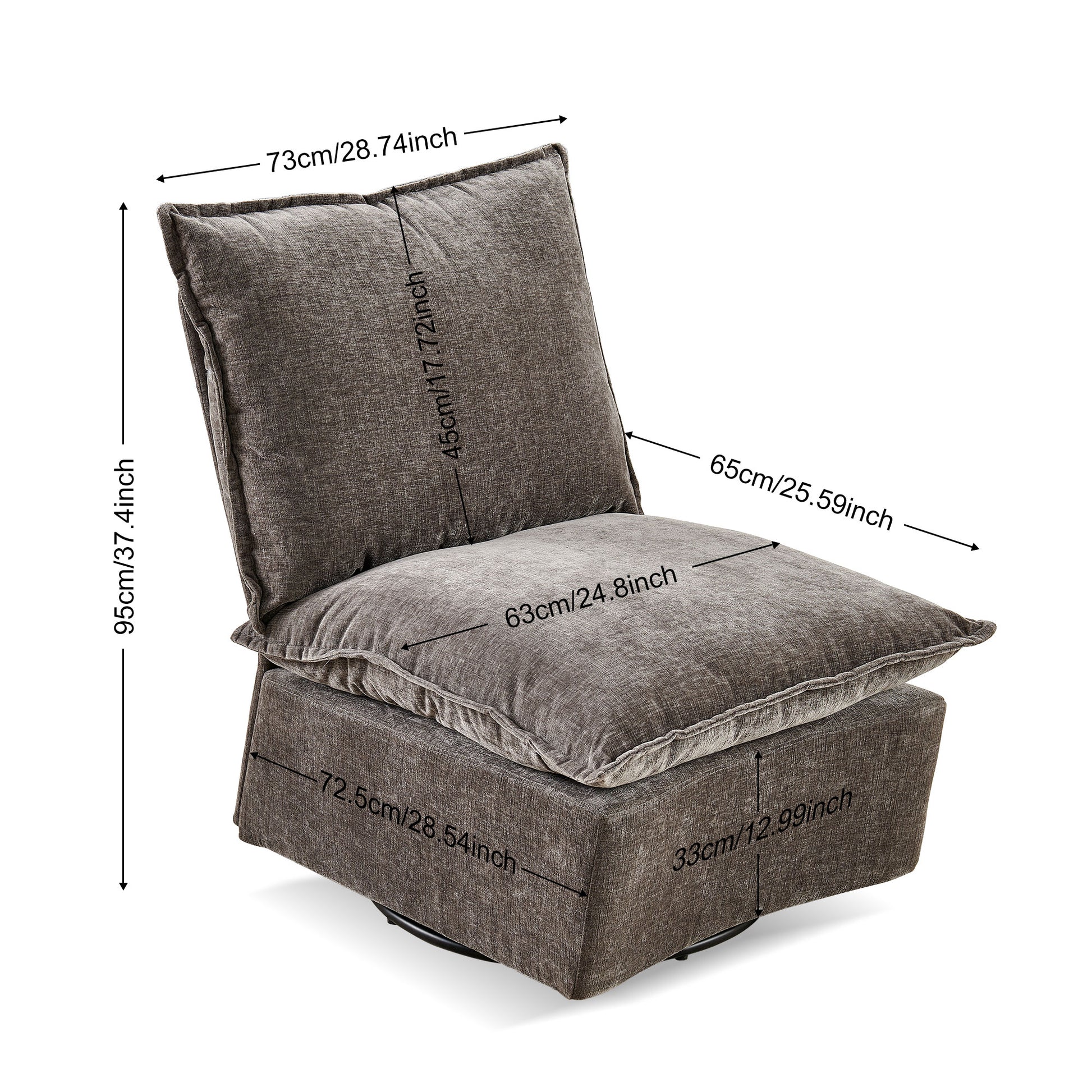 Grey upholstered accent chair with textured fabric and plush cushions