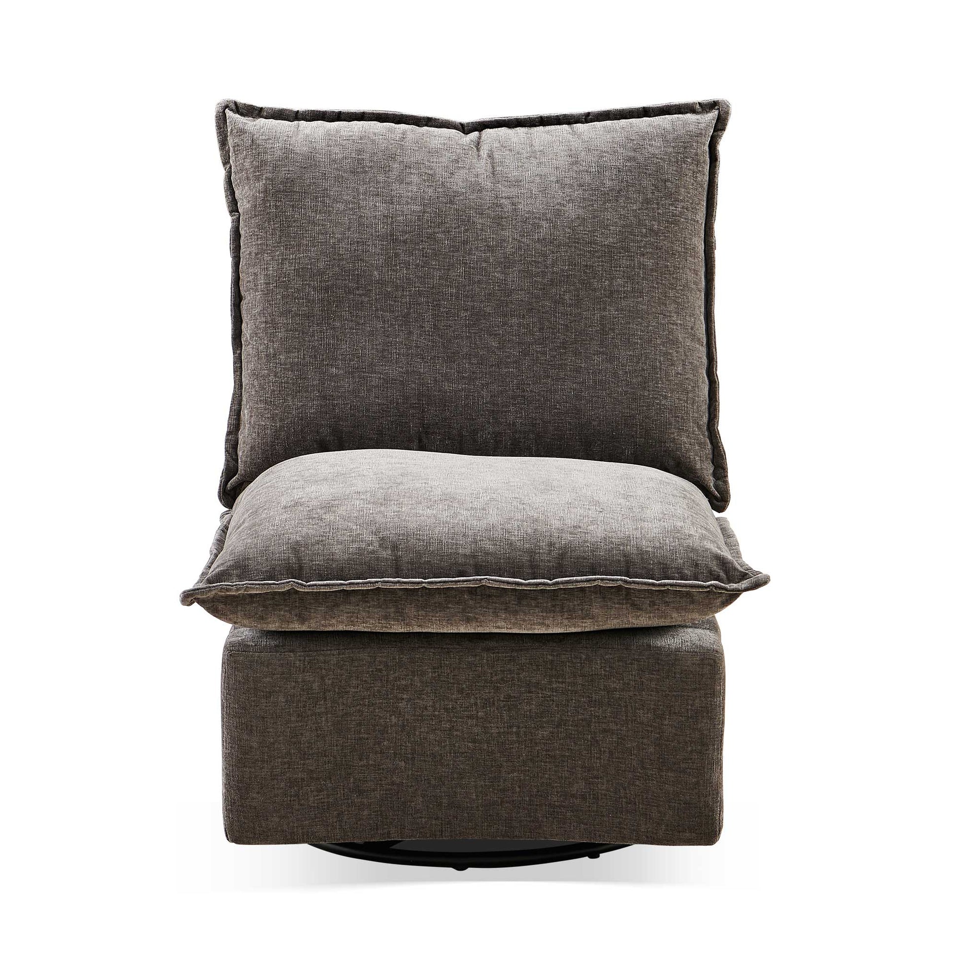 Plush charcoal fabric accent chair with deep seat cushions and removable back pillow