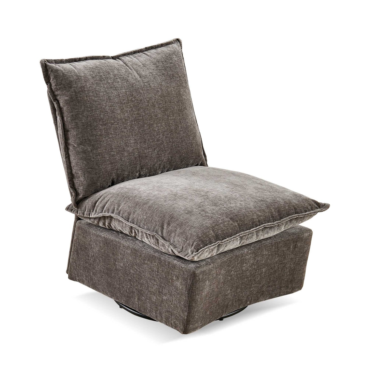 Plush grey fabric swivel chair with a modern minimalist design for comfortable living room seating