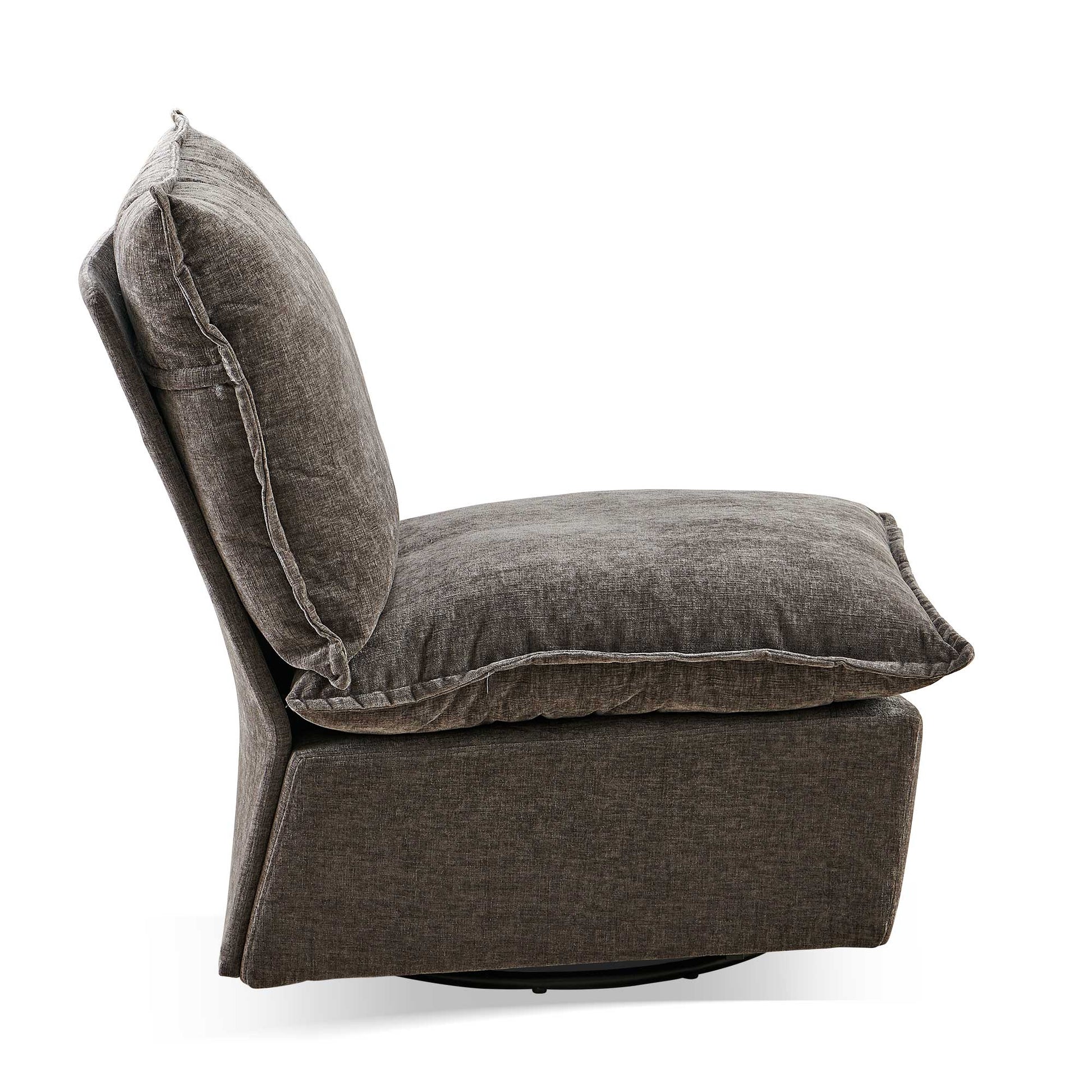 Brown swivel chair upholstered in textured fabric plush back cushion comfortable seating