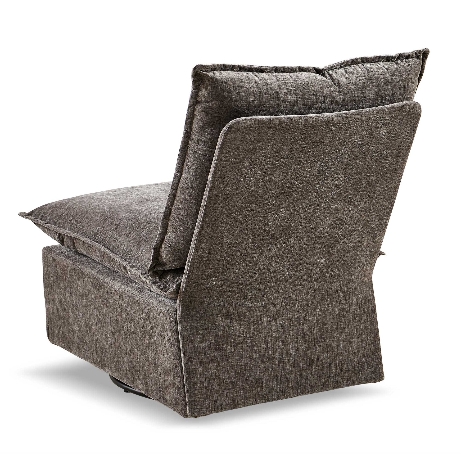 Plush charcoal grey swivel chair with textured fabric and deep cushioning for ultimate comfort