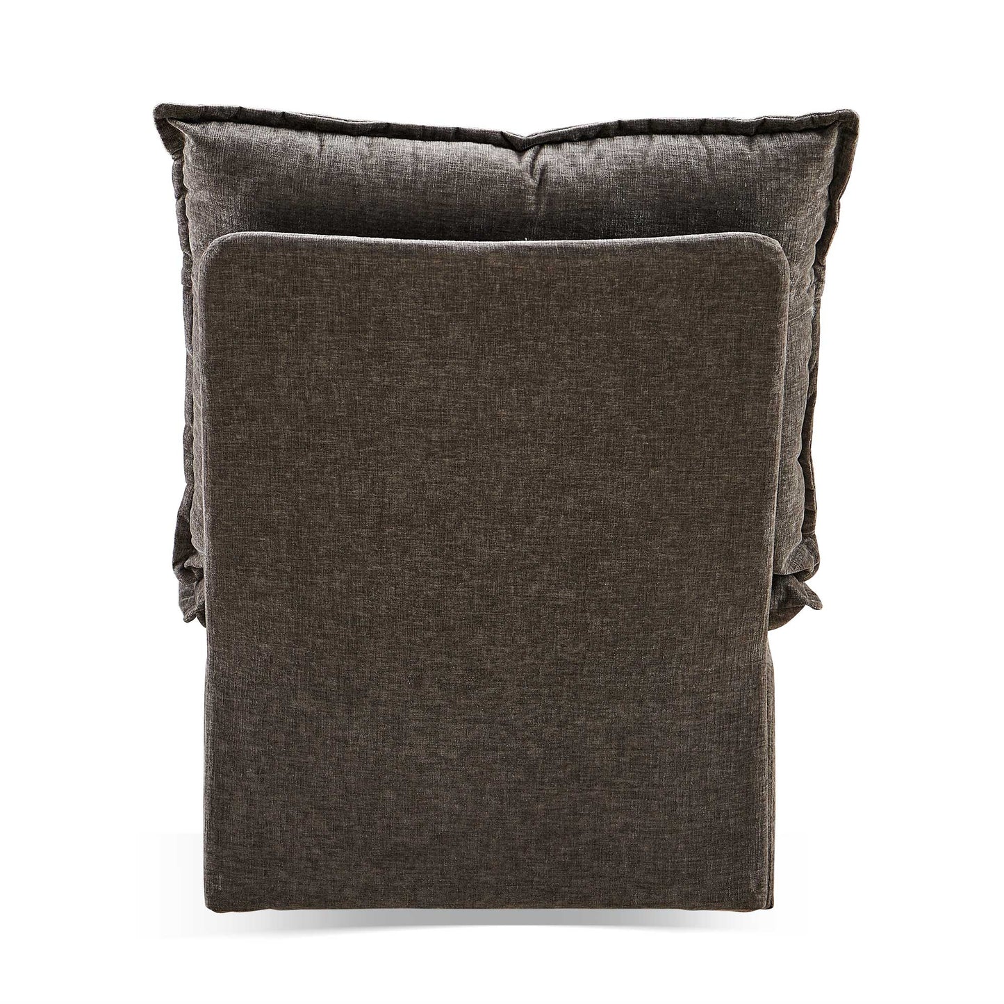 Deep charcoal gray upholstered armchair with plush back cushions