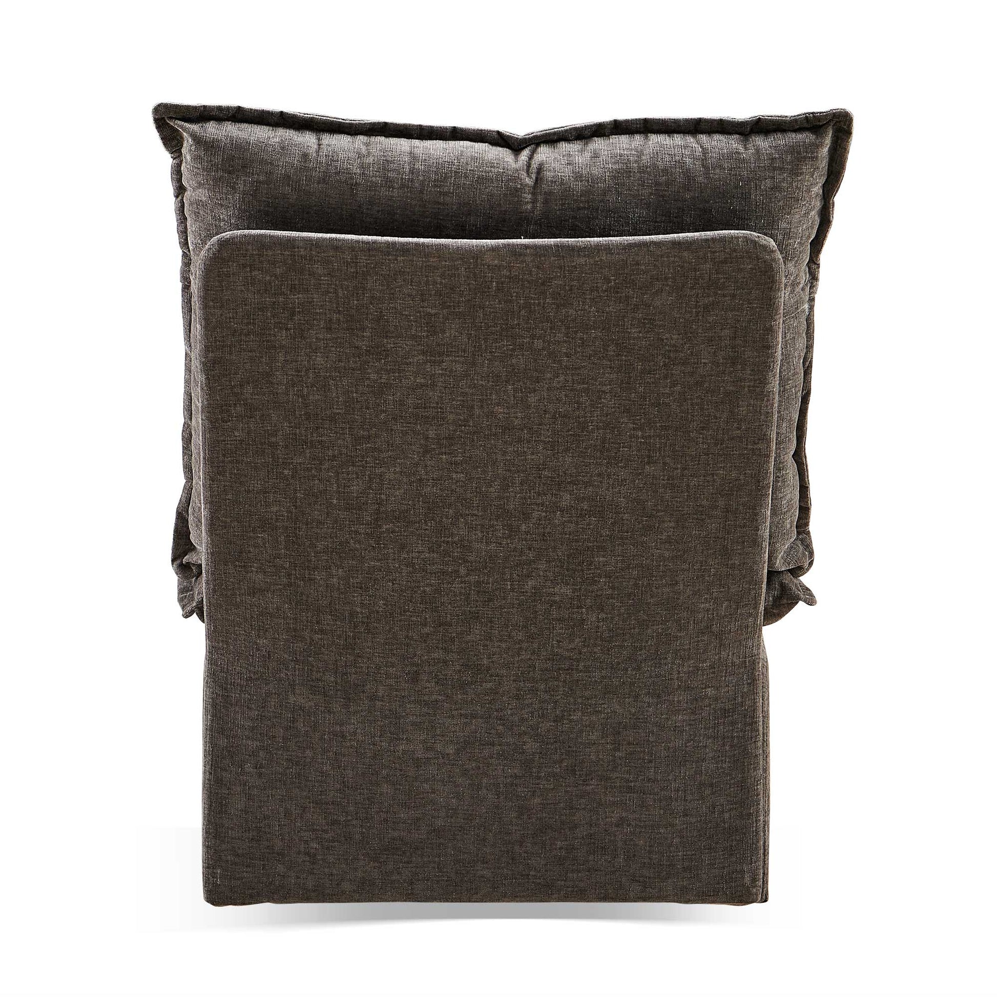 Deep charcoal gray upholstered armchair with plush back cushions