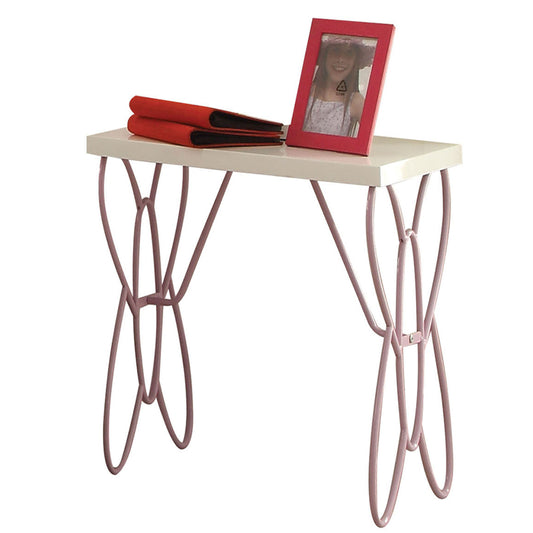 Cream and pink decorative console table with ornate legs holding photo frame and red binders