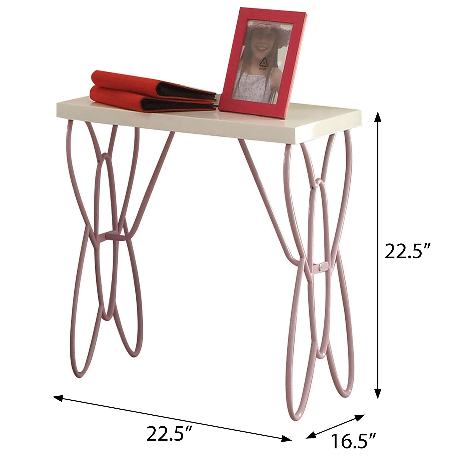 Cream top console table with whimsical pink legs and a red photo frame