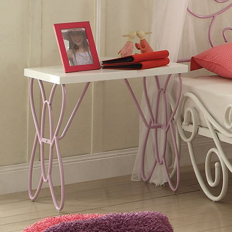 White top side table with decorative pink butterfly legs ideal for a childs room