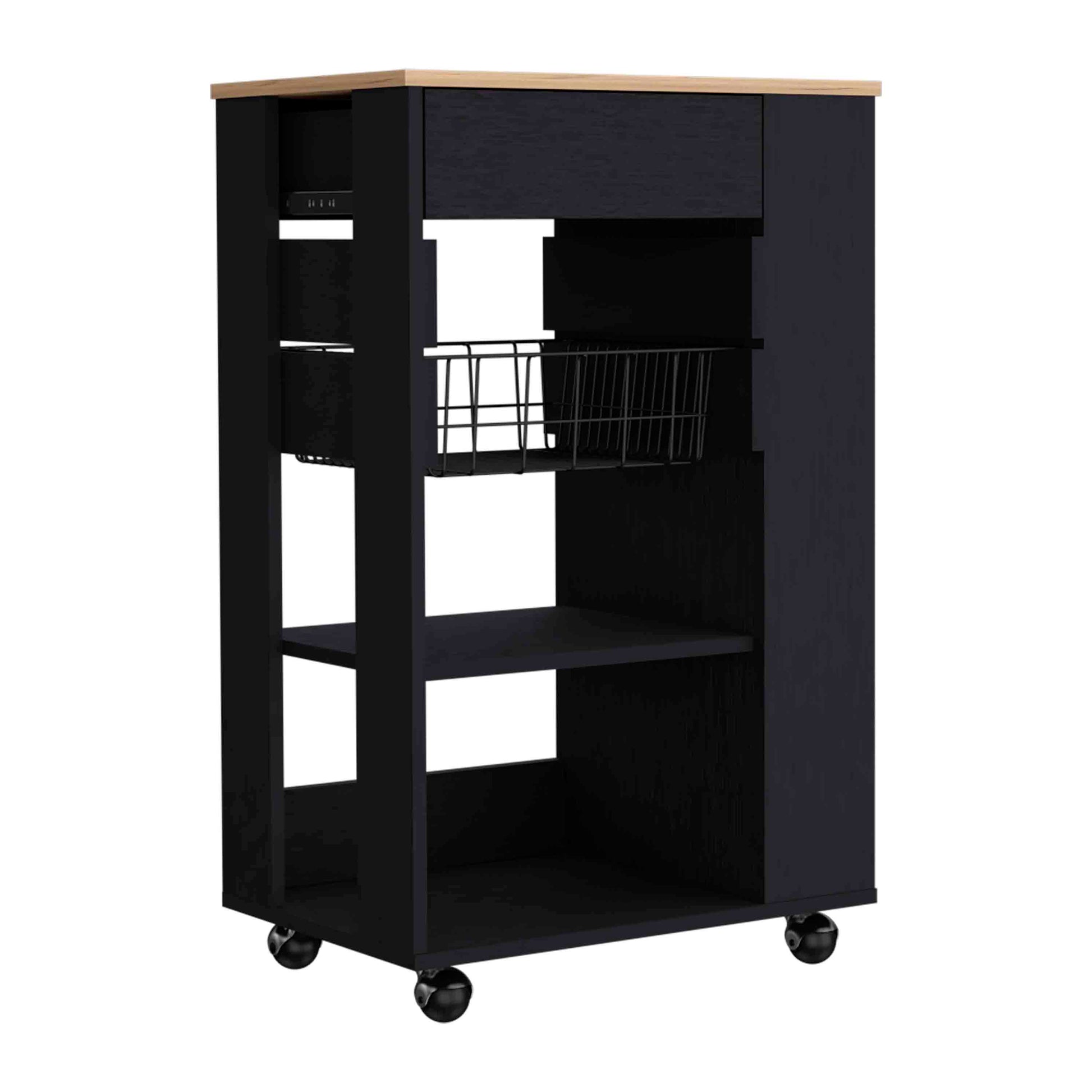 Black kitchen island cart with wooden top and wire basket
